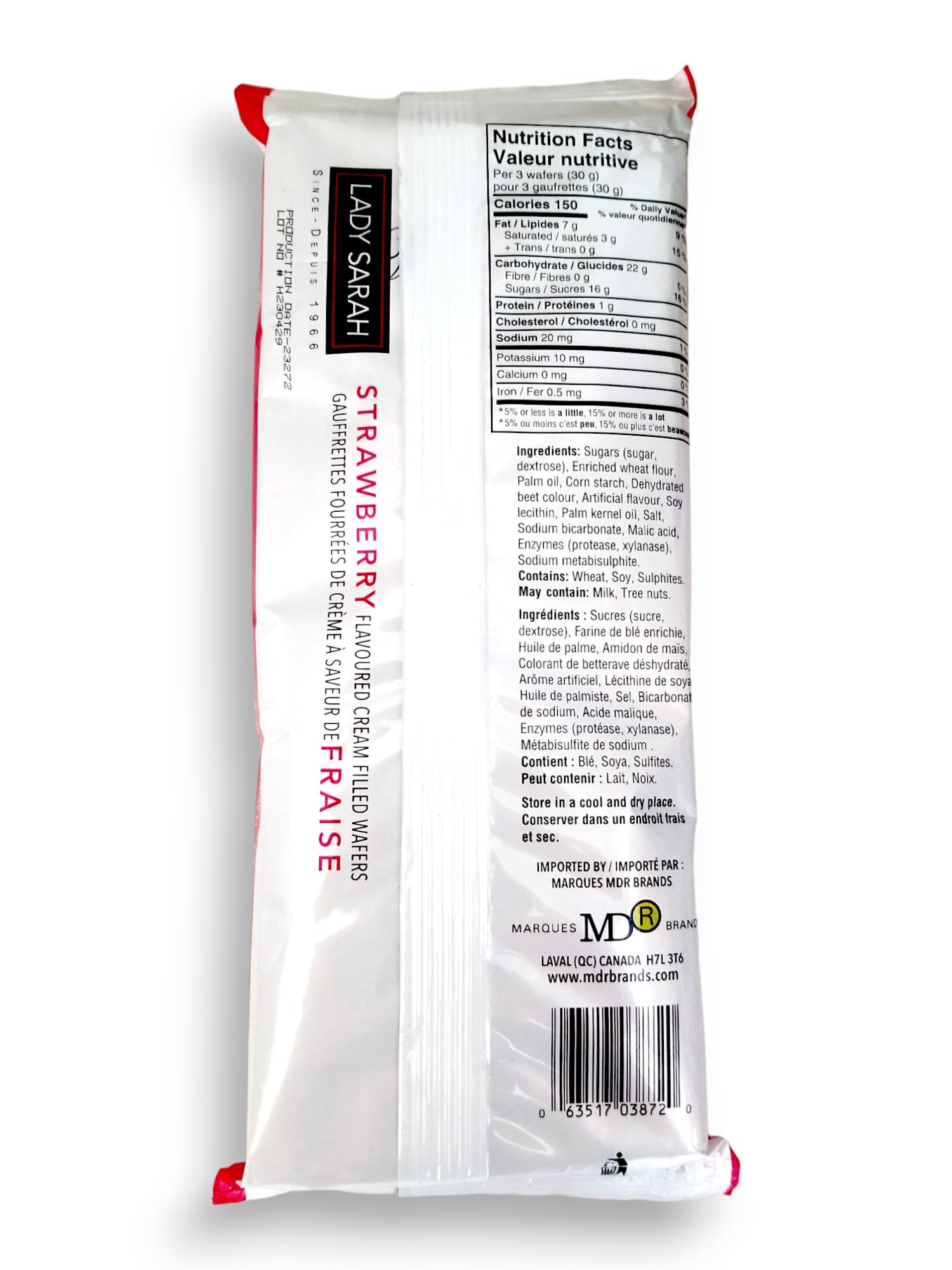 Lady Sarah Strawberry Flavored Cream Filled Wafers, 200g, back of package.