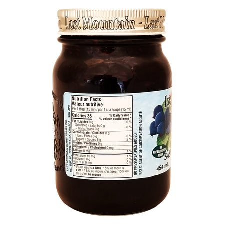 Last Mountain's Old Fashioned Saskatoon Berry Jam 454ml side label – nutrition facts, no preservatives added badge