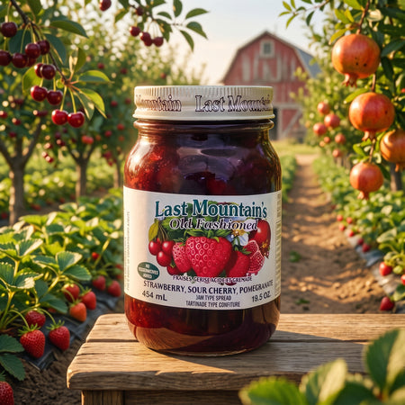 Last Mountain's Old Fashioned Strawberry Sour Cherry Pomegranate Jam jar in Canadian fruit orchard setting