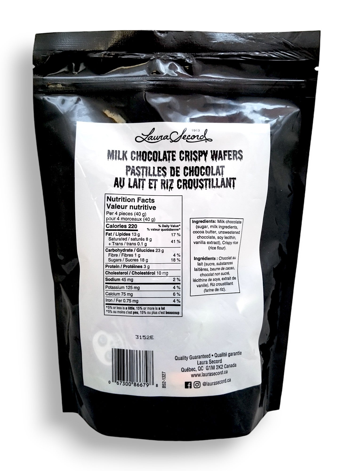 Laura Secord Halloween Milk Chocolate Crispy Wafers, 400g/14.1 oz., Bag, back of bag.