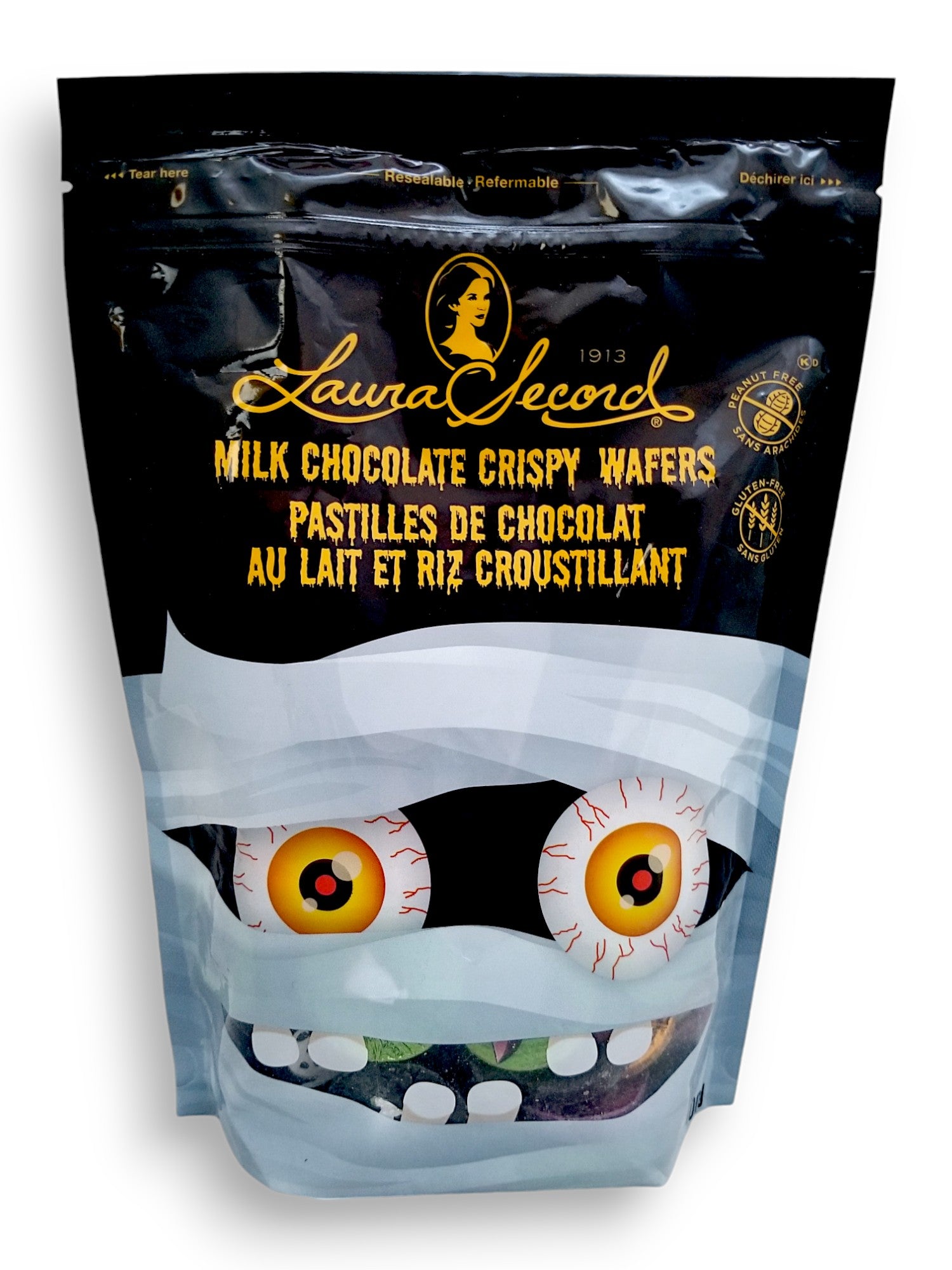 Laura Secord Halloween Milk Chocolate Crispy Wafers, 400g/14.1 oz., Bag, front of bag.