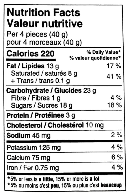 Laura Secord Halloween Milk Chocolate Crispy Wafers, 400g/14.1 oz., Bag, nutrition facts label.