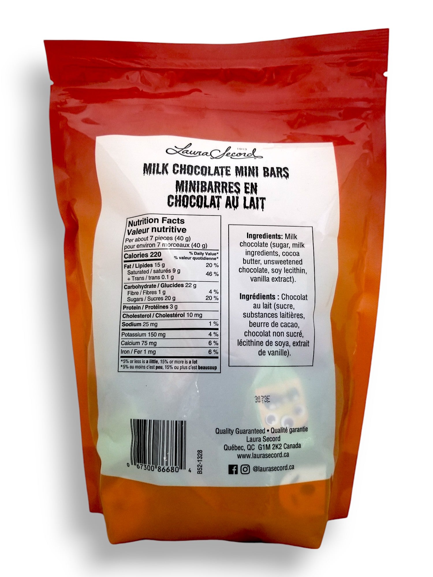 Laura Secord Halloween Milk Chocolate Mini Bars, 385g/13.6 oz., Bag, back of bag.