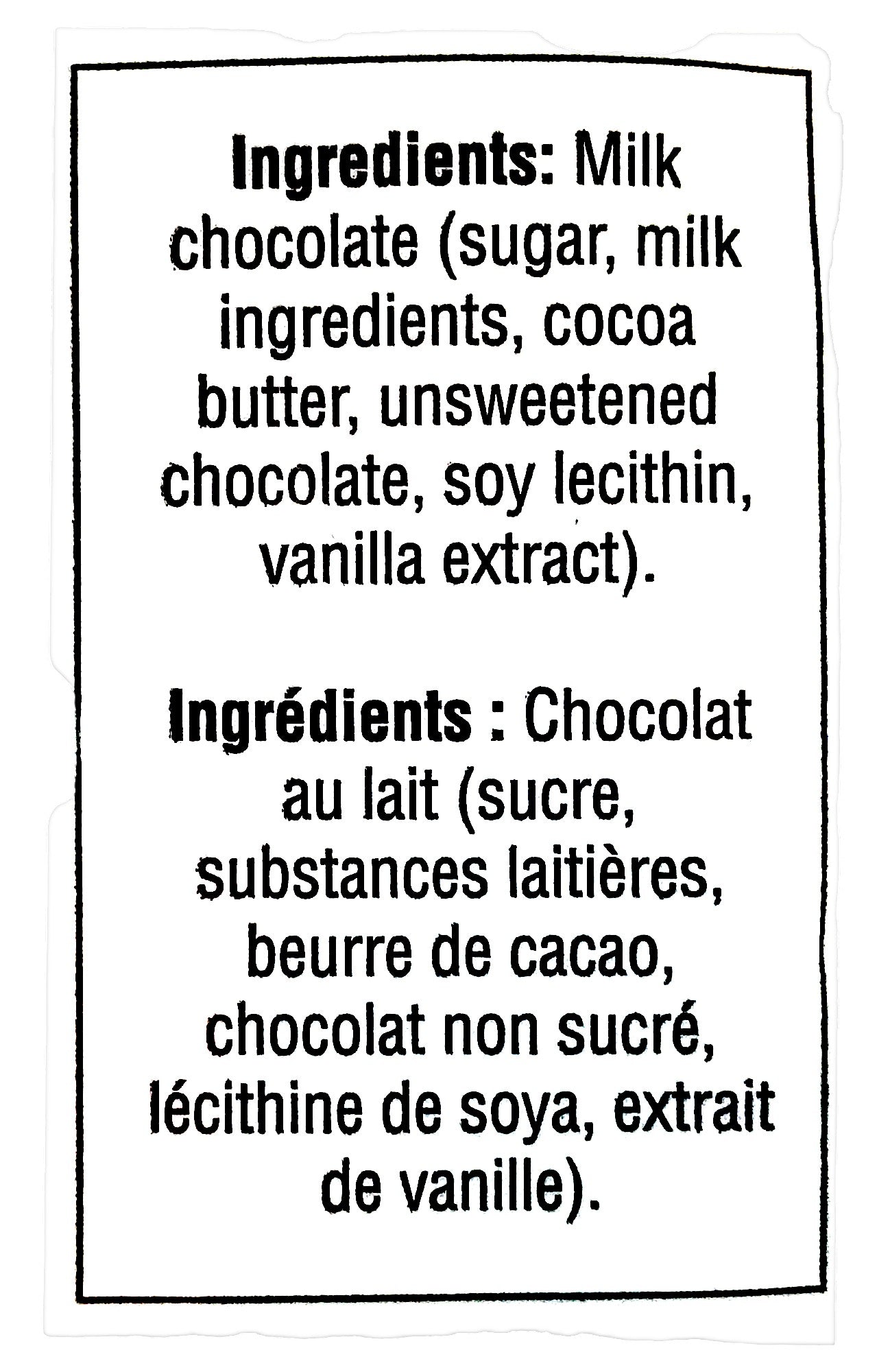 Laura Secord Halloween Milk Chocolate Mini Bars, 385g/13.6 oz., Bag, ingredients label.