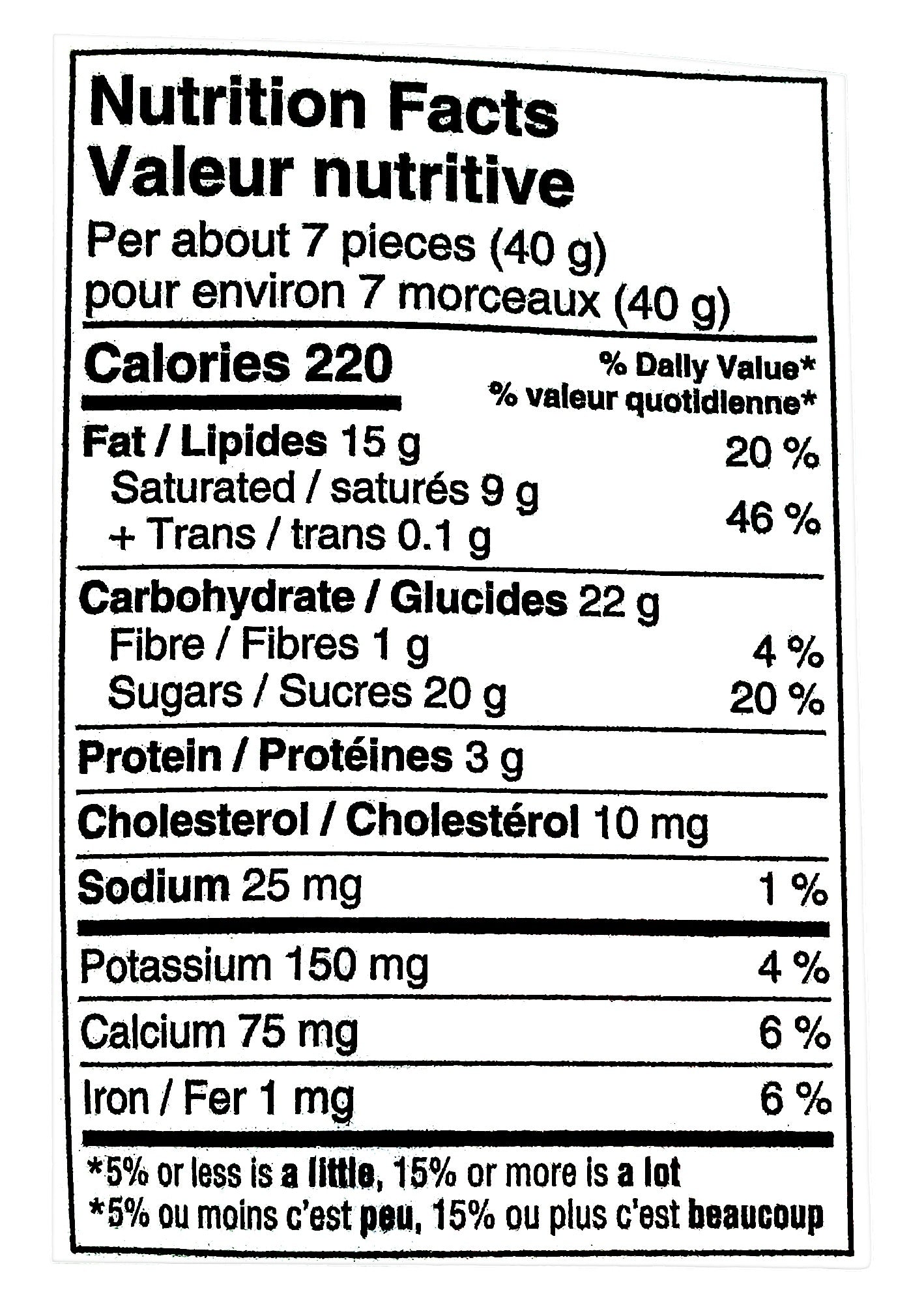 Laura Secord Halloween Milk Chocolate Mini Bars, 385g/13.6 oz., Bag, nutrition facts label.