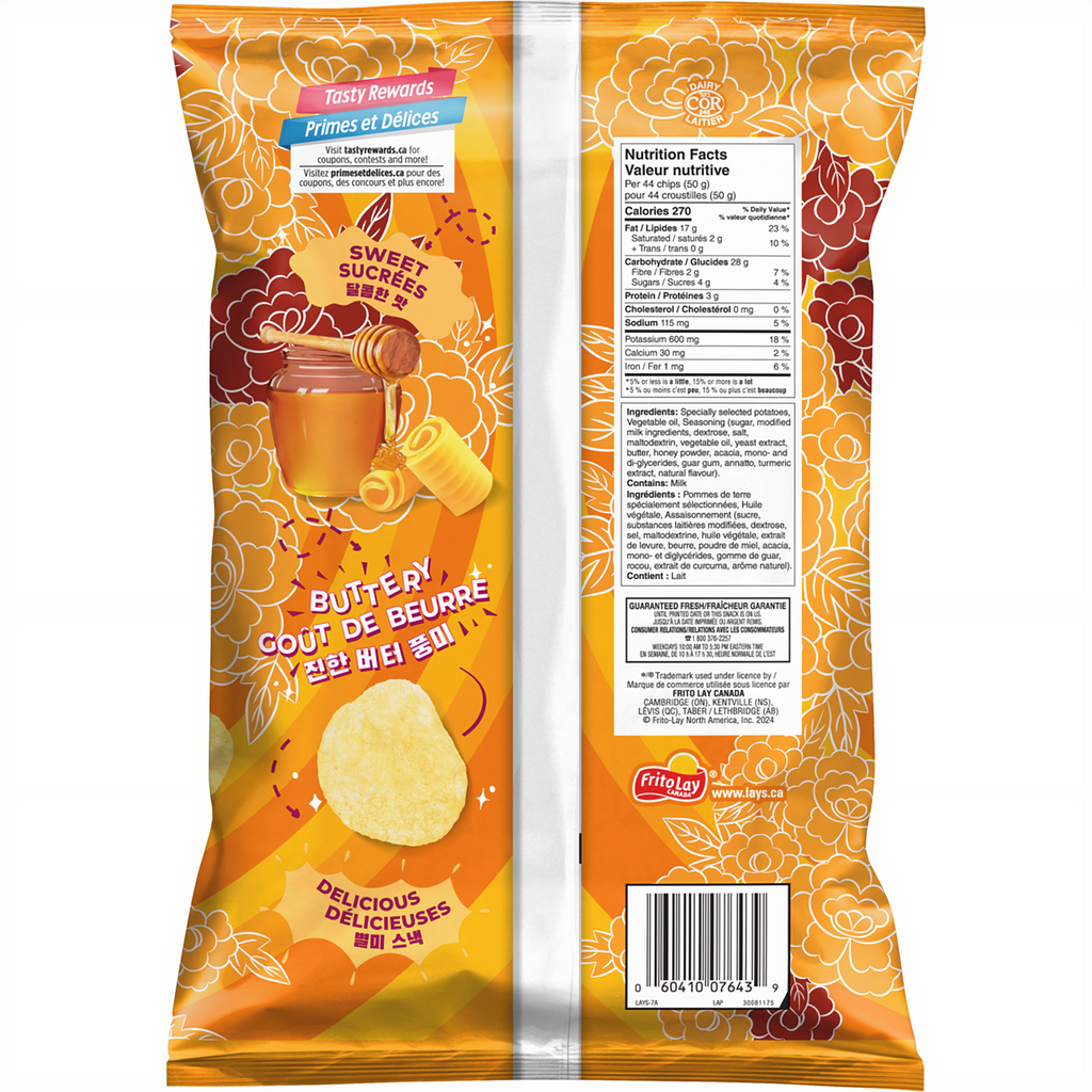 Lay's Honey Butter Chips, 165g/5.8 oz. Bag, back of bag.