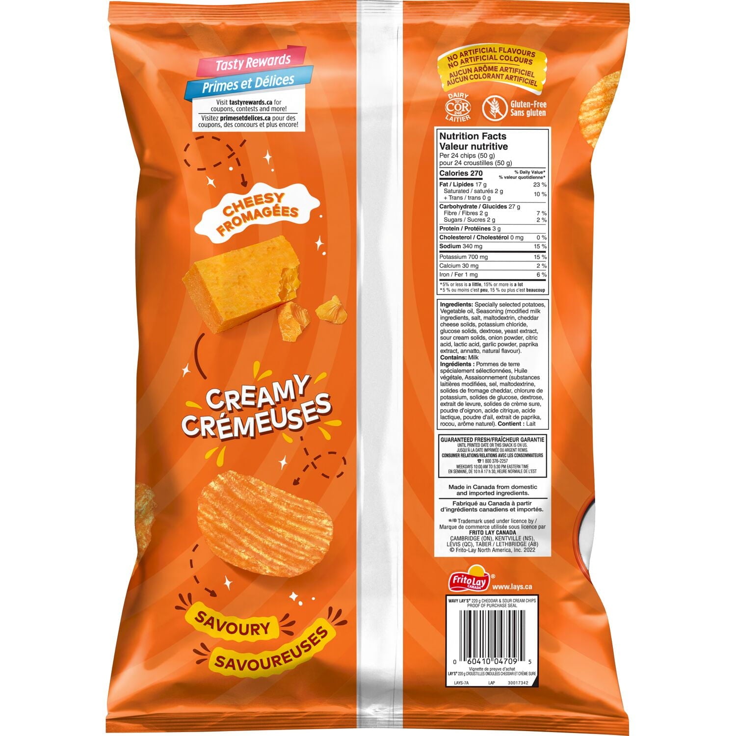 Lay's Wavy Cheddar & Sour Cream Potato Chips, 220g/7.8 oz. Bag Back Side