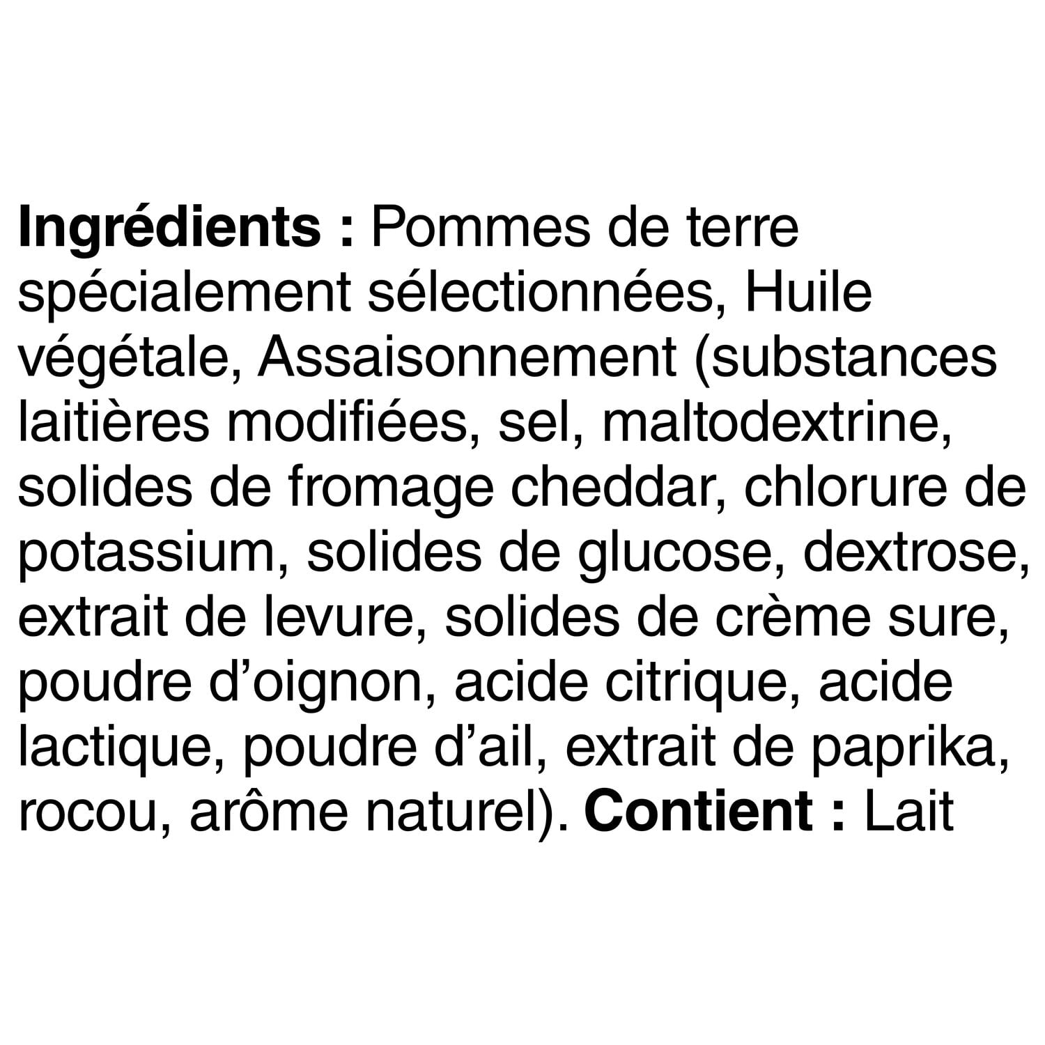 Lay's Wavy Cheddar & Sour Cream Potato Chips, 220g/7.8 oz. Bag Ingredients in French