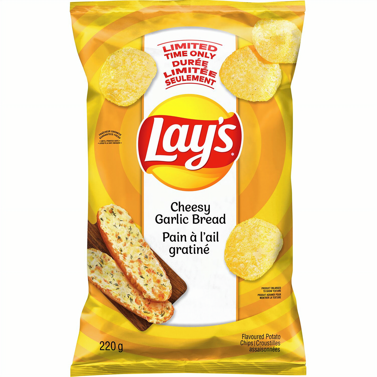 Lay's Cheesy Garlic Bread Flavored Potato Chips, 220g/7.76 oz. - Front Of Bag