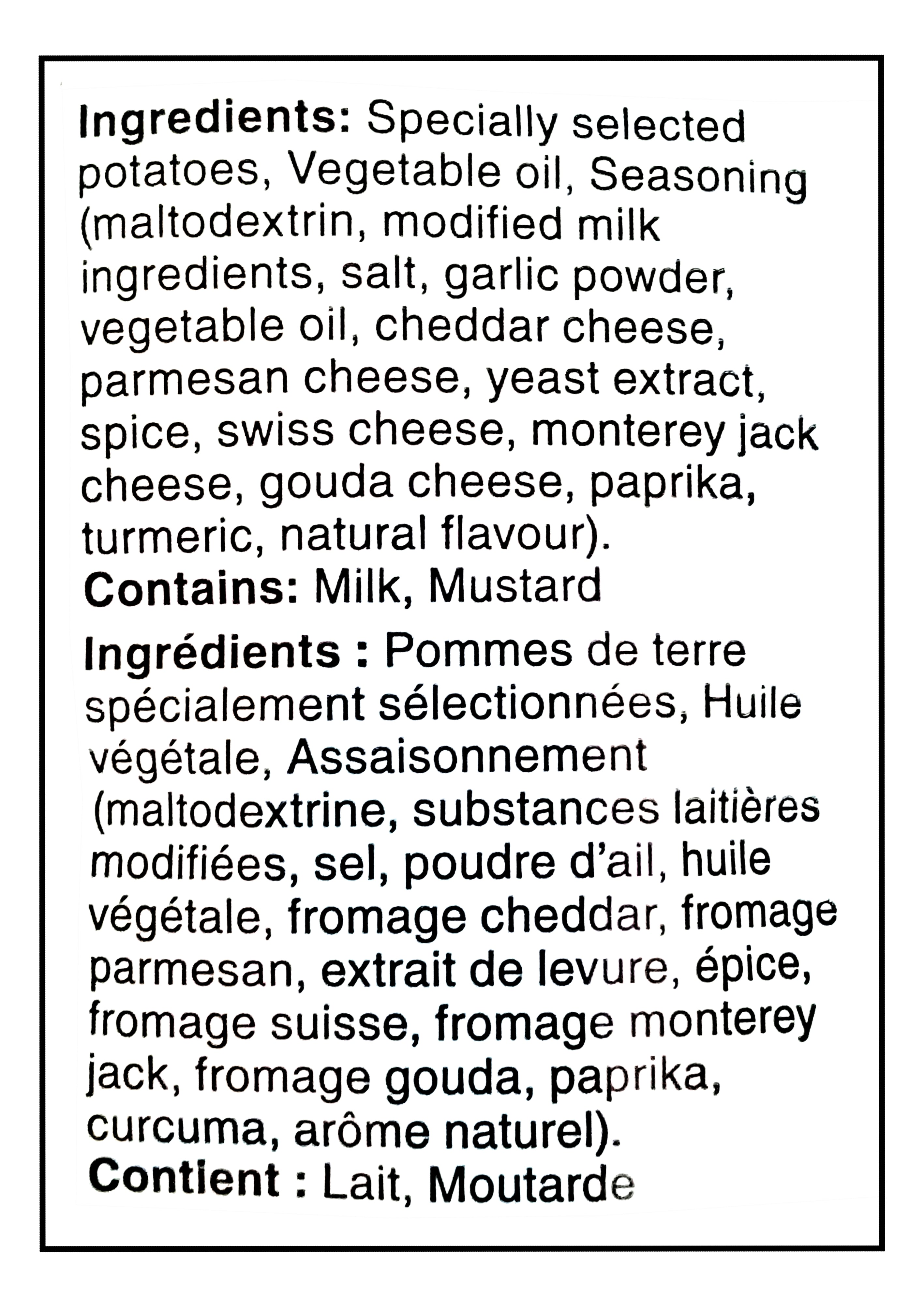 Lay's Cheesy Garlic Bread Flavored Potato Chips, 220g/7.76 oz. - Ingredients Label