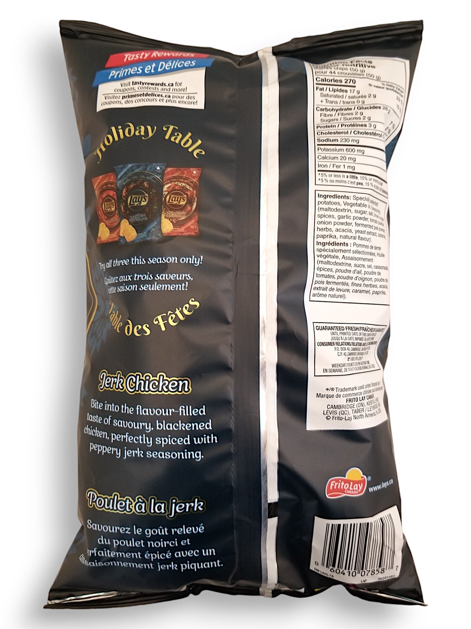 Back of Lay's Holiday Table Jerk Chicken Flavored Potato Chips, 220g/7.76 oz. Bag