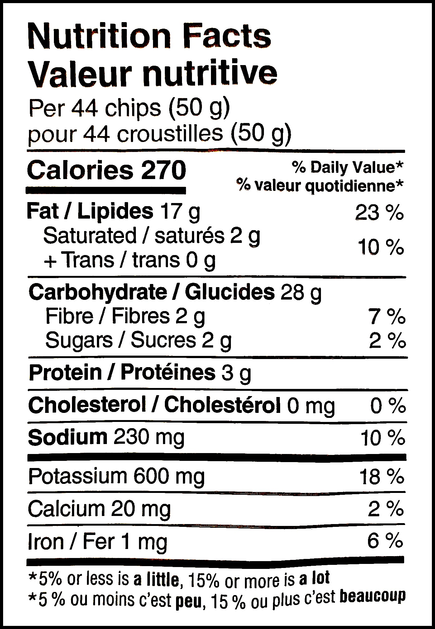 Nutrition facts label of Lay's Holiday Table Jerk Chicken Flavored Potato Chips, 220g/7.76 oz. Bag