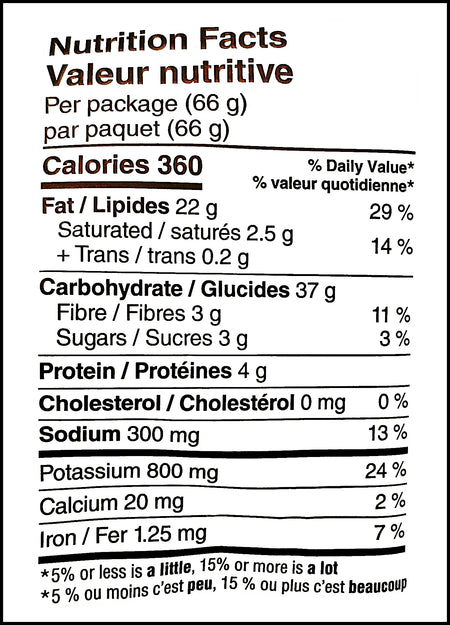 Nutrition facts label of Lay's Holiday Table Jerk Chicken Flavored Potato Chips, 66g/2.3 oz. Bag