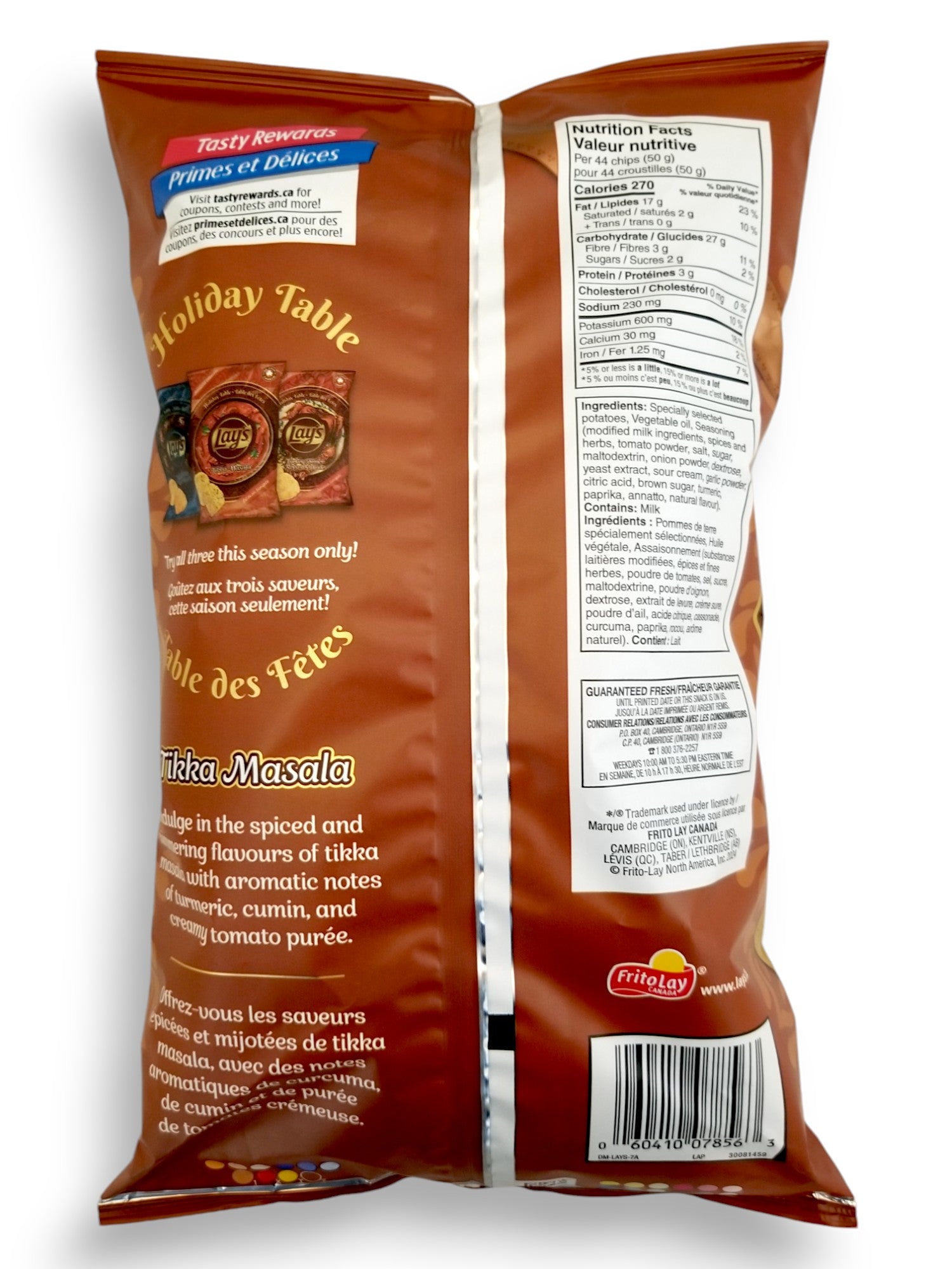 Back of Lay's Holiday Table Tikka Masala Flavored Potato Chips, 220g/7.76 oz. Bag