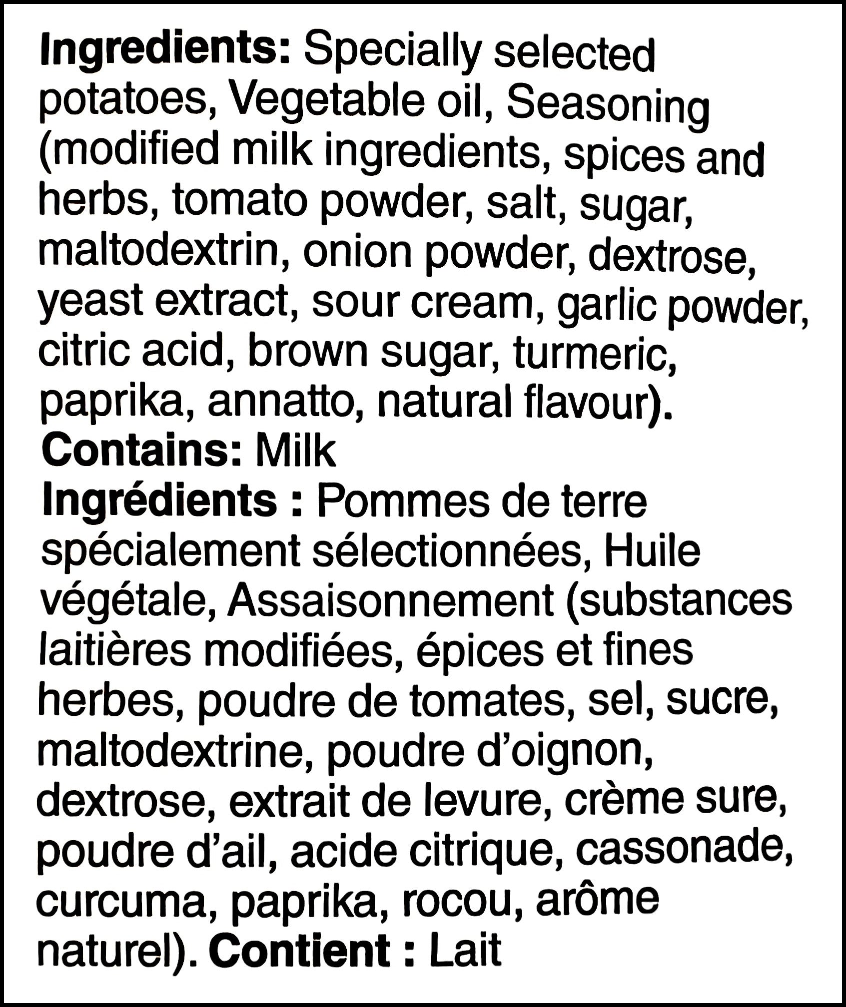 Ingredients label of Lay's Holiday Table Tikka Masala Flavored Potato Chips, 220g/7.76 oz. Bag