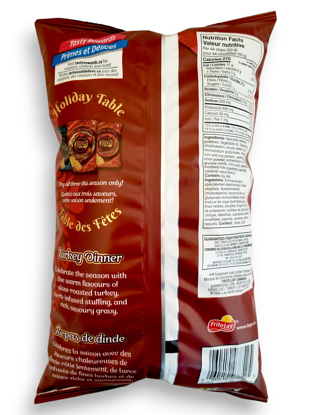 Back of Lay's Holiday Table Turkey Dinner Flavored Potato Chips, 220g/7.76 oz. Bag