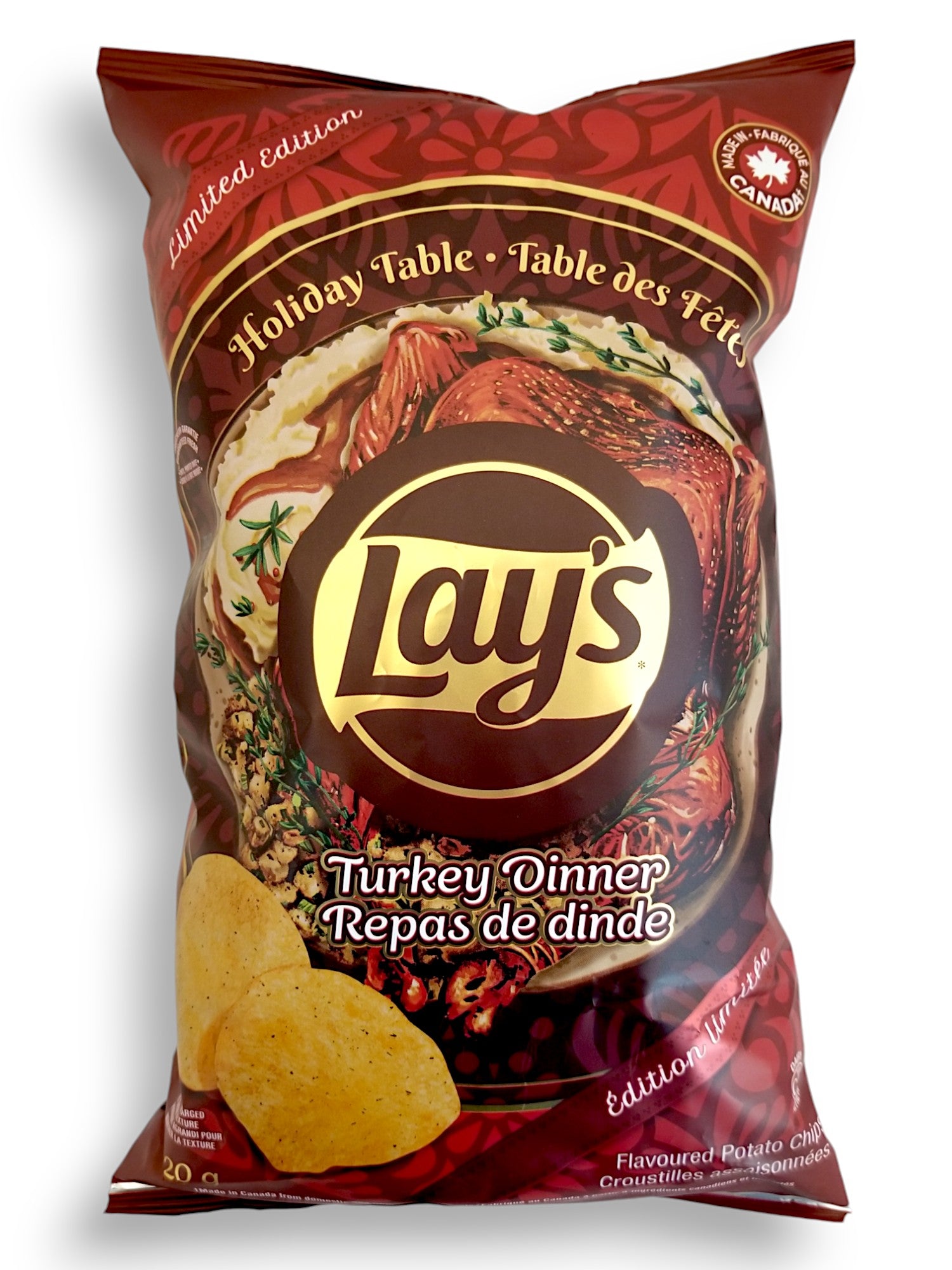 Front of Lay's Holiday Table Turkey Dinner Flavored Potato Chips, 220g/7.76 oz. Bag