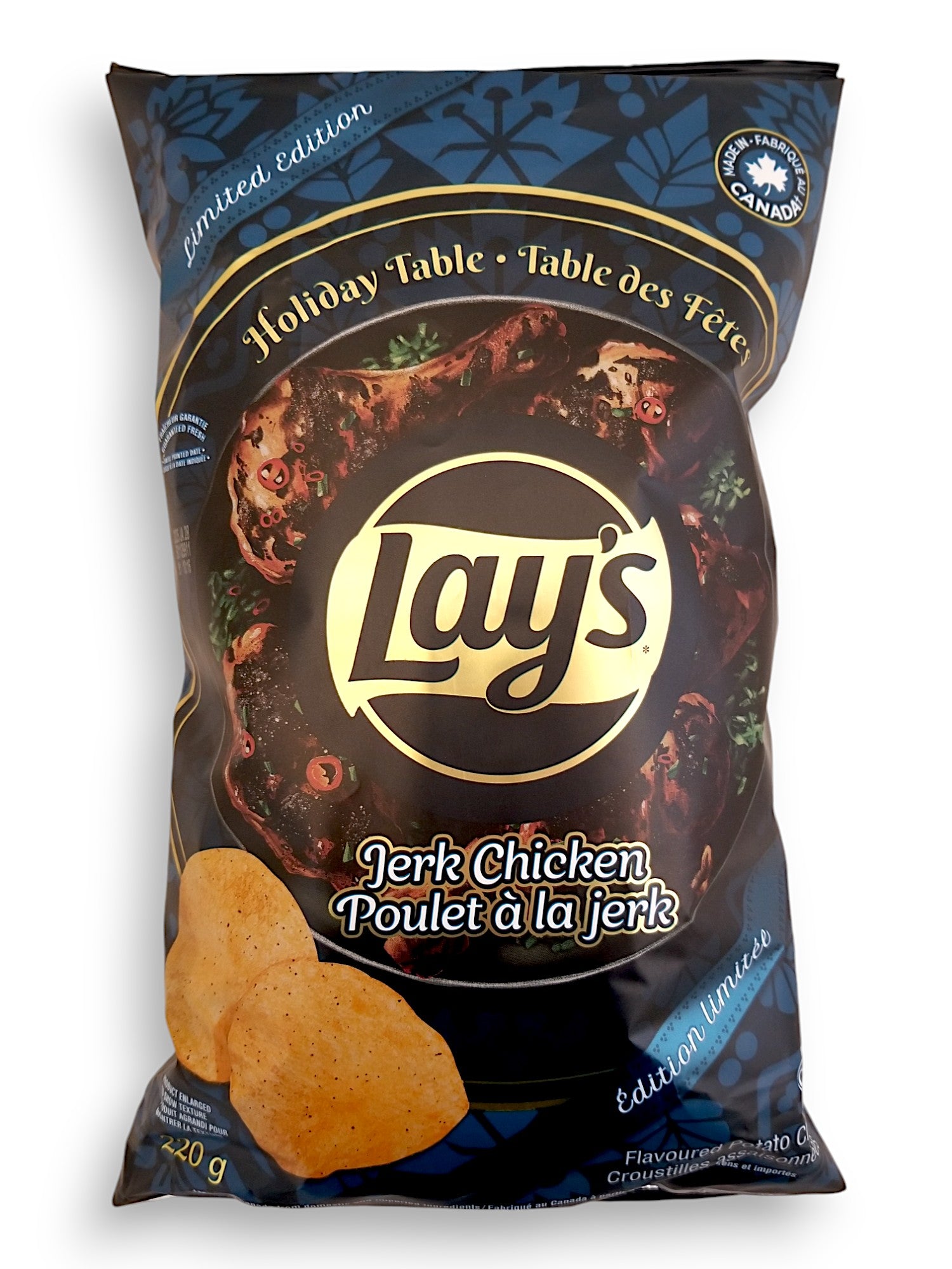 Front of Lay's Holiday Table Jerk Chicken Flavored Potato Chips, 220g/7.76 oz. Bag