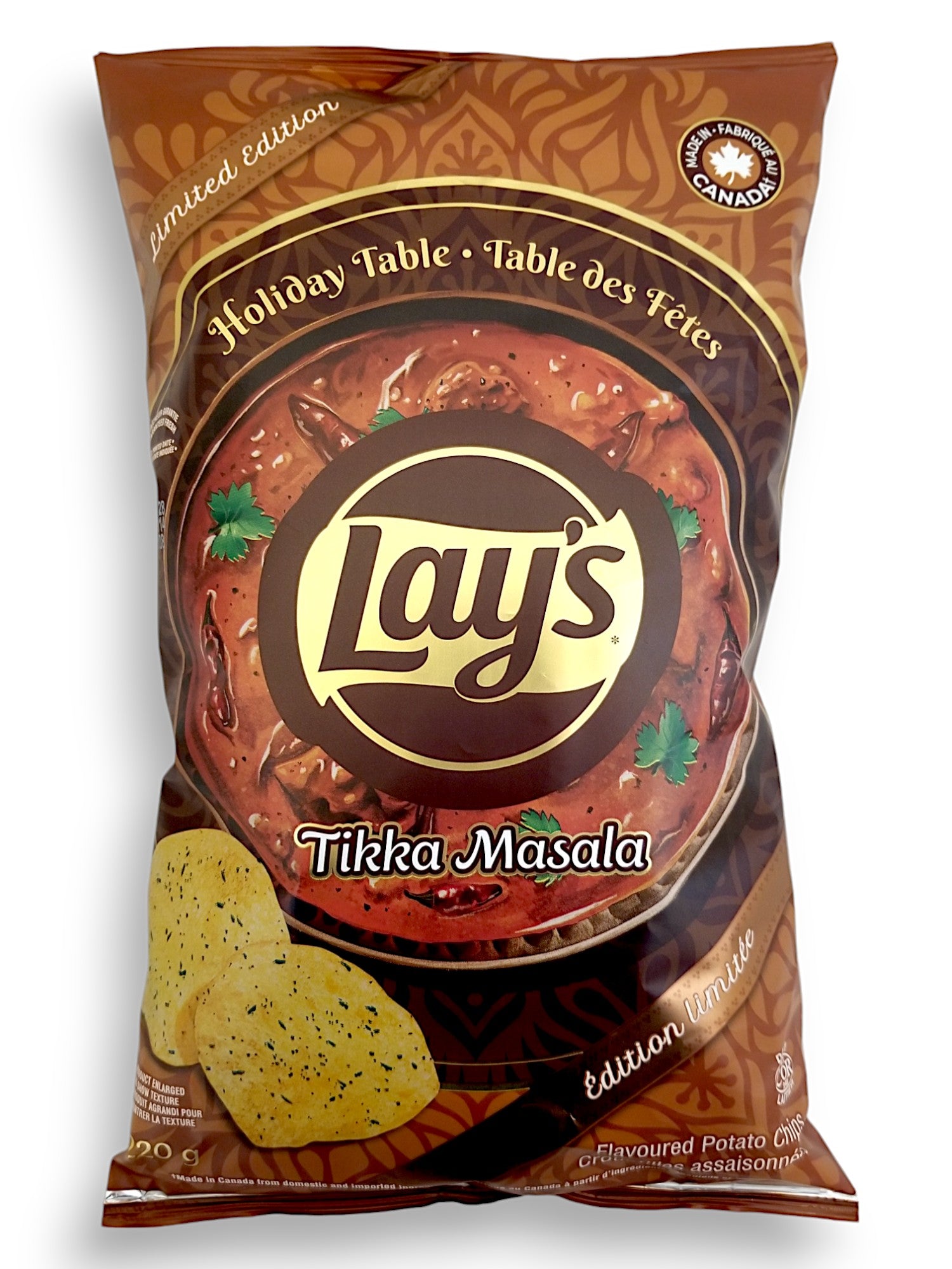 Front of Lay's Holiday Table Tikka Masala Flavored Potato Chips, 220g/7.76 oz. Bag