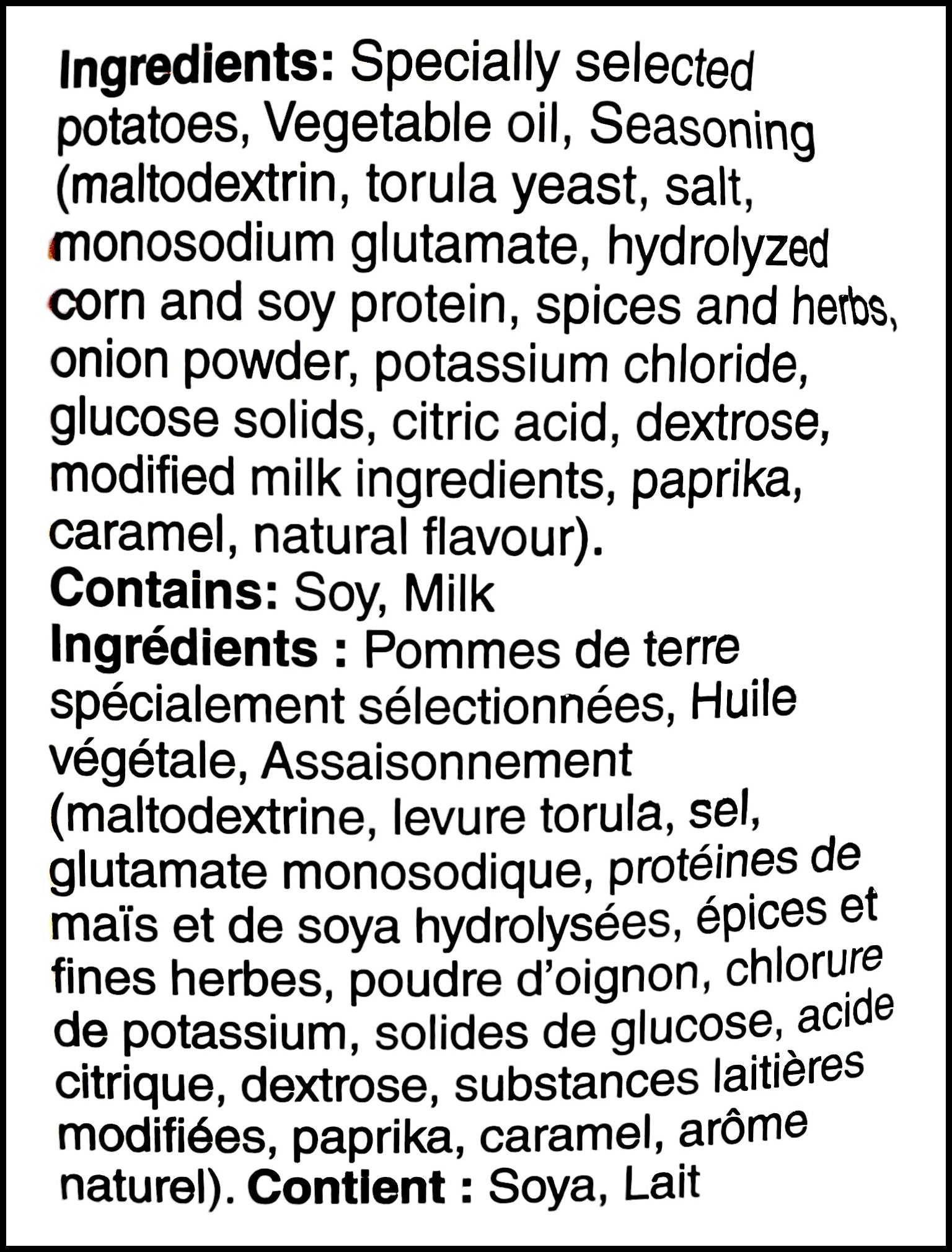 Ingredients label of Lay's Holiday Table Turkey Dinner Flavored Potato Chips, 220g/7.76 oz. Bag