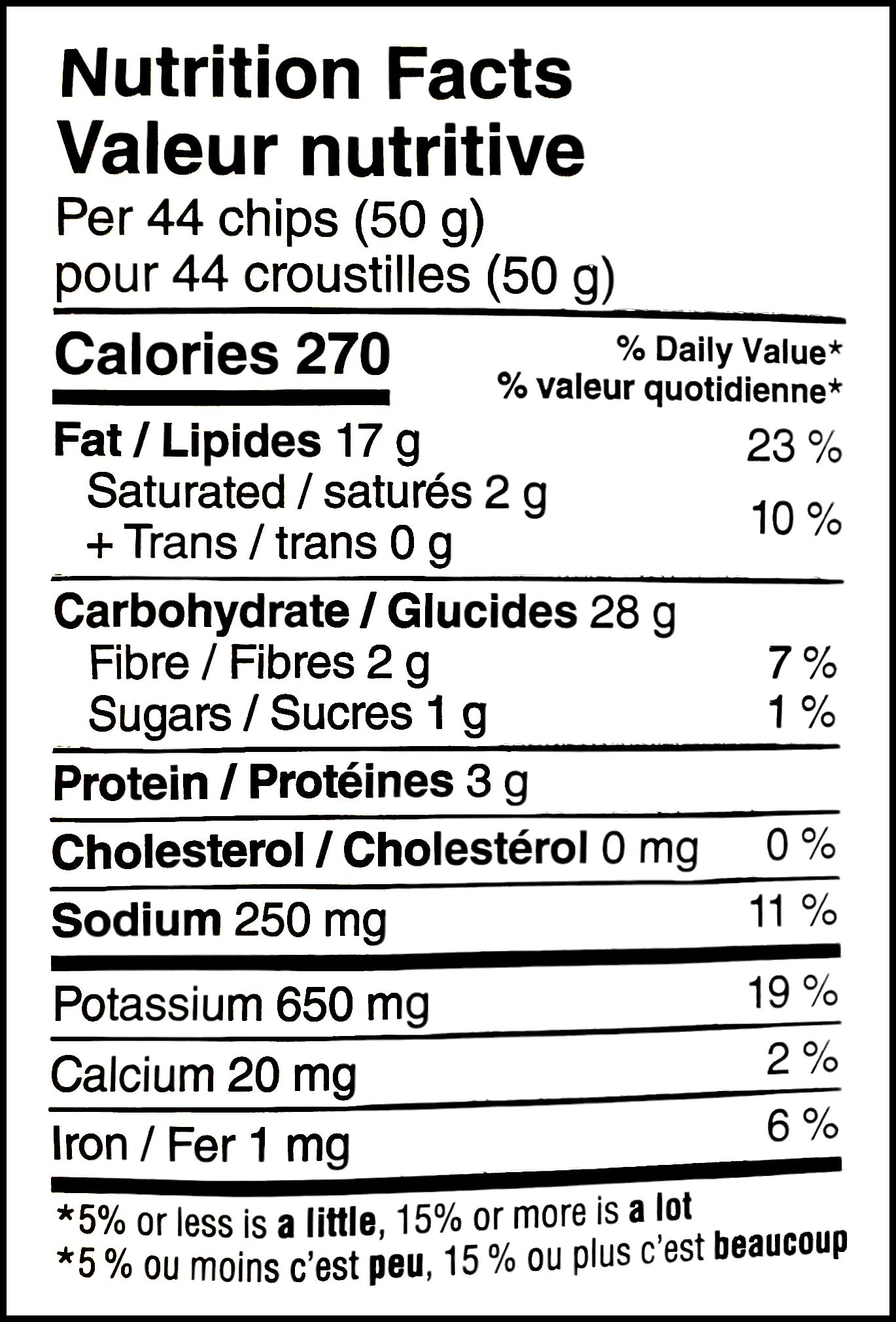 Nutrition facts label of Lay's Holiday Table Turkey Dinner Flavored Potato Chips, 220g/7.76 oz. Bag