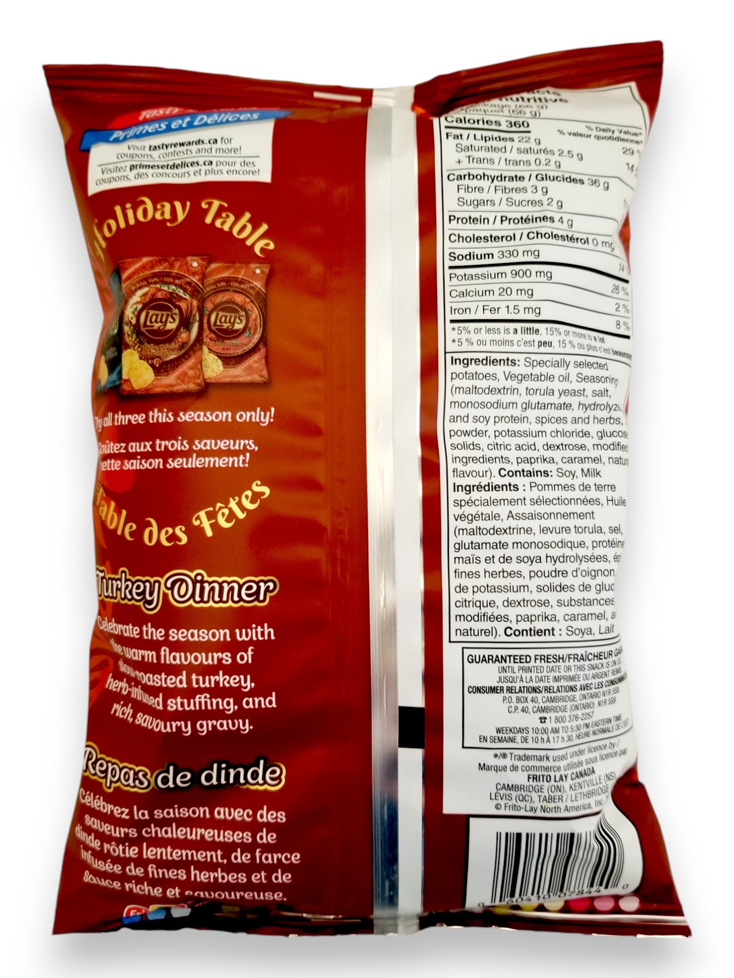 Back of Lay's Holiday Table Turkey Dinner Flavored Potato Chips, 66g/2.3 oz. Bag