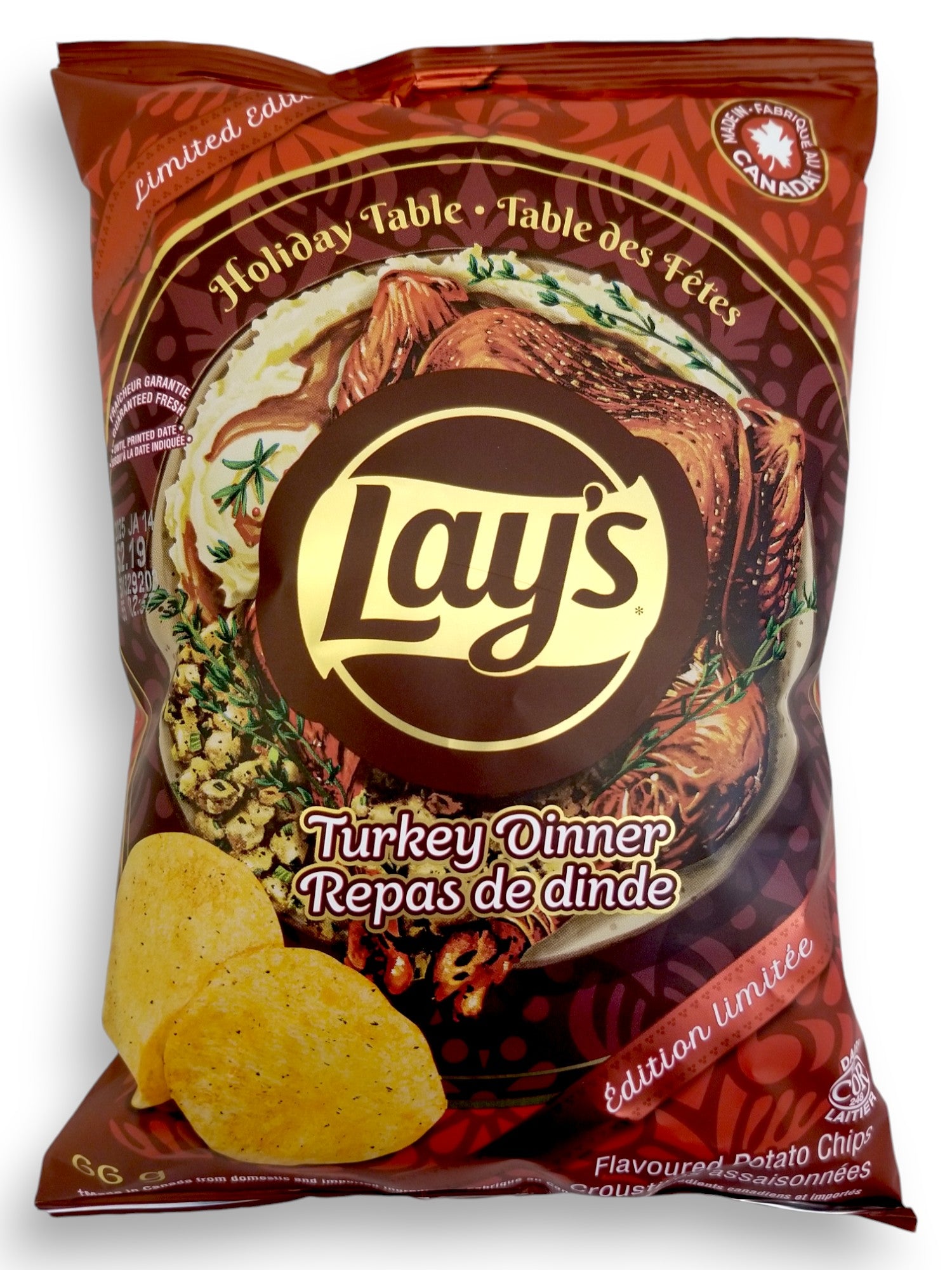 Front of Lay's Holiday Table Turkey Dinner Flavored Potato Chips, 66g/2.3 oz. Bag