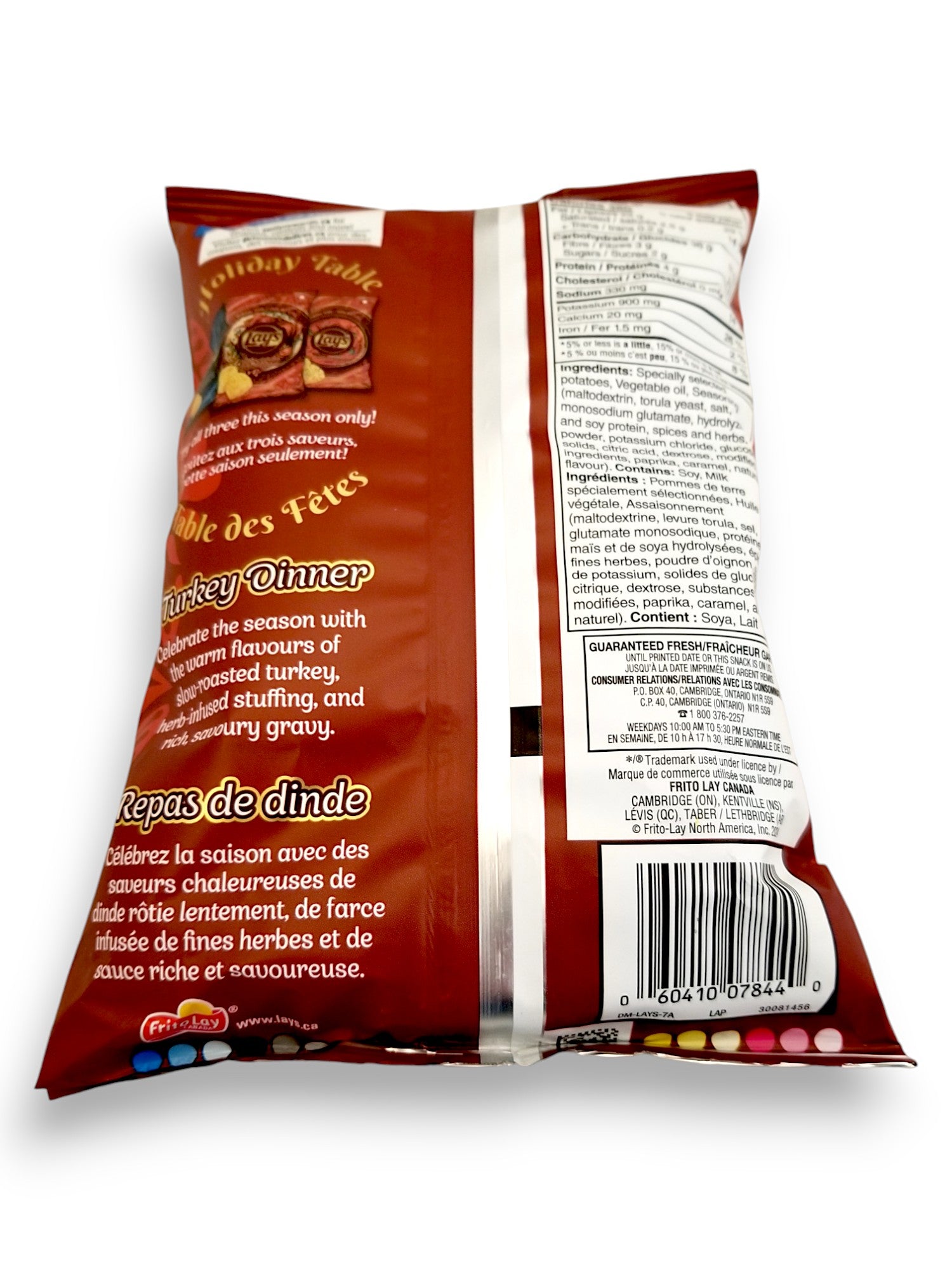 Bottom of Lay's Holiday Table Turkey Dinner Flavored Potato Chips, 66g/2.3 oz. Bag