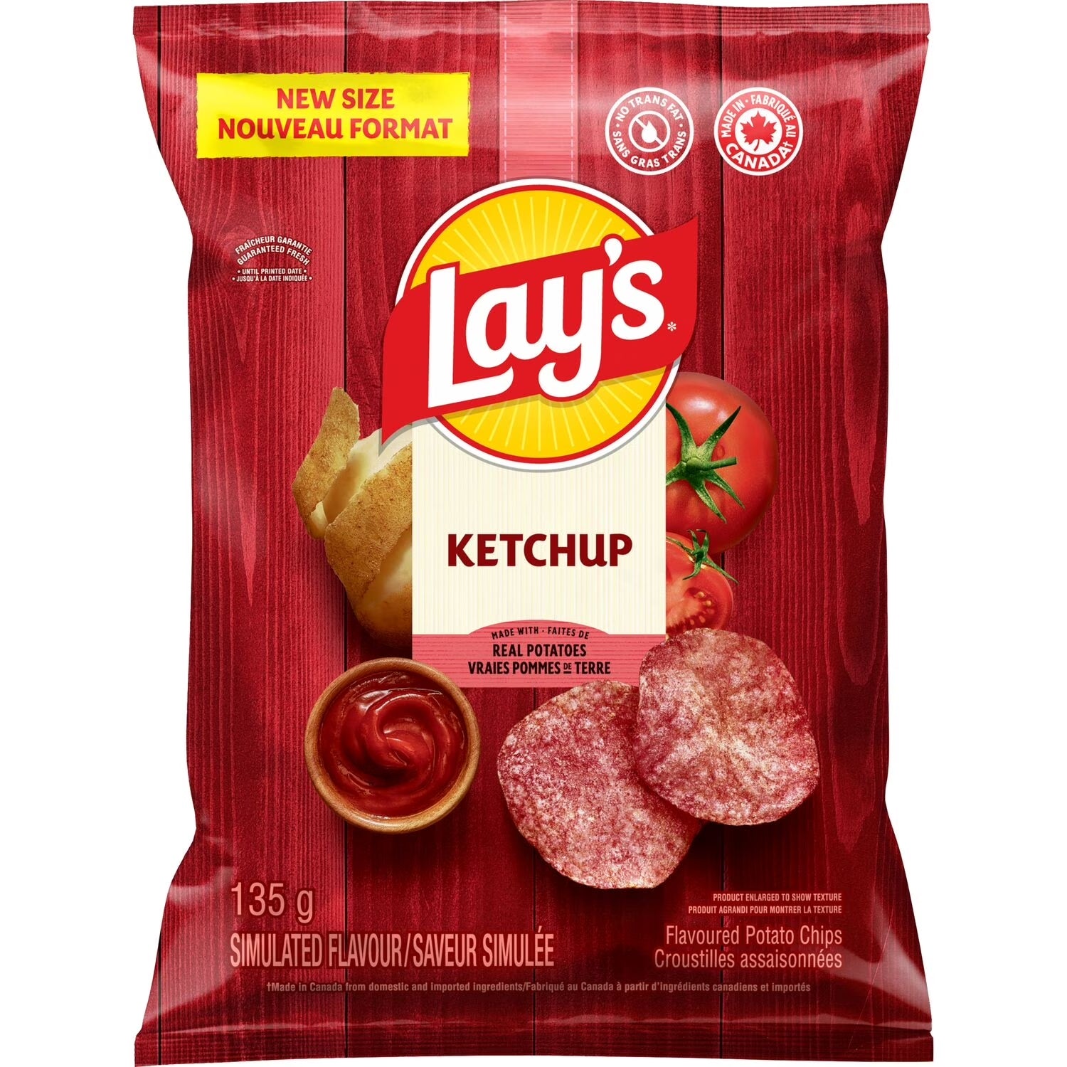 Lay's Ketchup Potato Chips 135g bag front view alternate