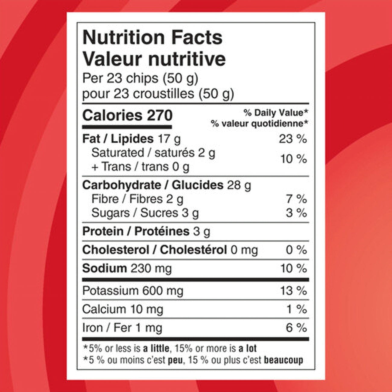 Lays Tomato Tango Potato Chips, 165g/5.8 oz., nutrition facts label