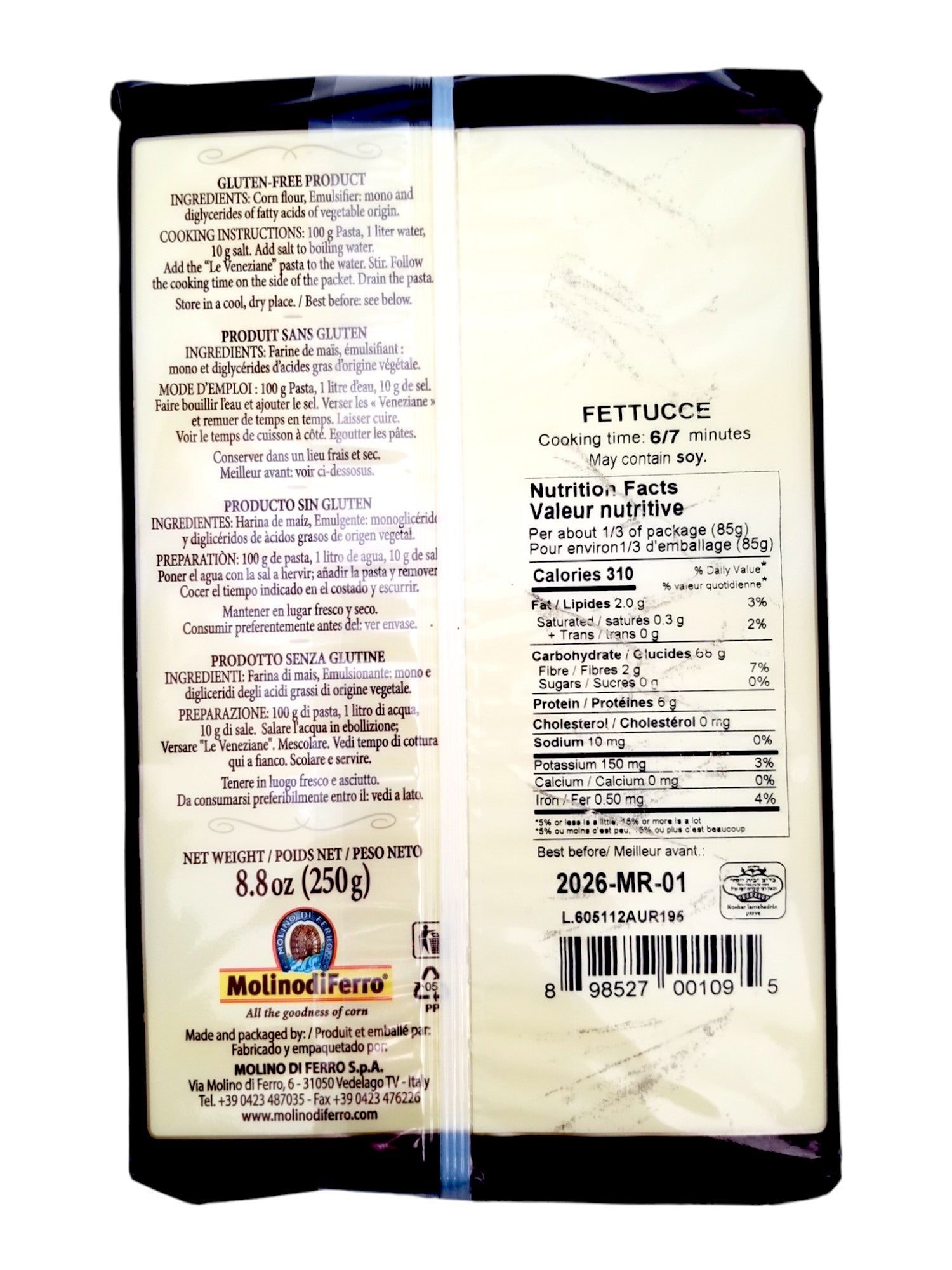 Le Veneziane Gluten Free 100% Corn Fettucce Pasta, 250g/8.8 oz. Package, back of package.