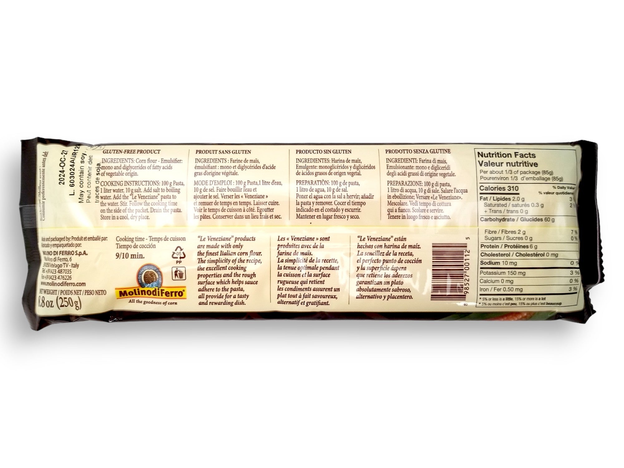 Le Veneziane Gluten Free Corn Spaghetti Pasta, 250g/8.8 oz. Package, back of package.