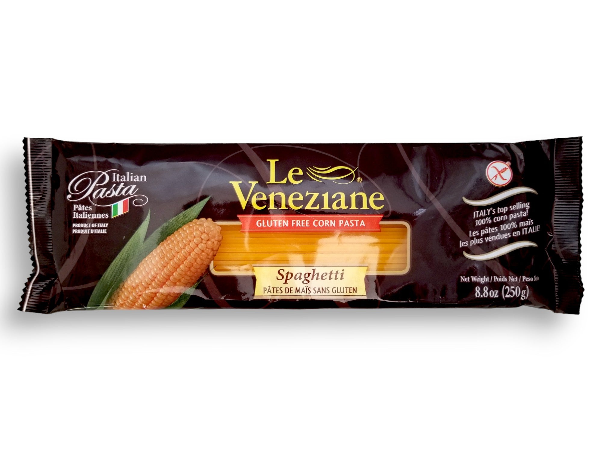 Le Veneziane Gluten Free Corn Spaghetti Pasta, 250g/8.8 oz. Package, front of package.