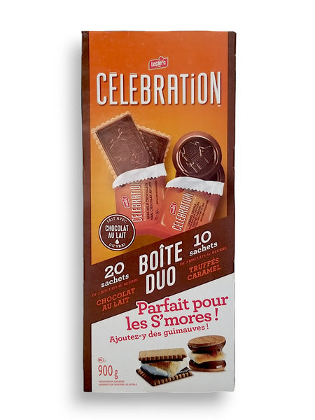 Back of Leclerc Celebration Duo-Pack, Milk Chocolate & Caramel Truffle Milk Chocolate Butter Cookies, 30x2 Packs, 900g/2 lbs. Box