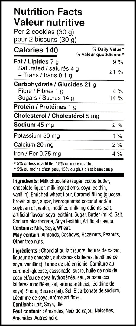 Nutrition facts & ingredients label of Leclerc Celebration Duo-Pack, Caramel Truffle Milk Chocolate Butter Cookies, 30x2 Packs, 900g/2 lbs. Box