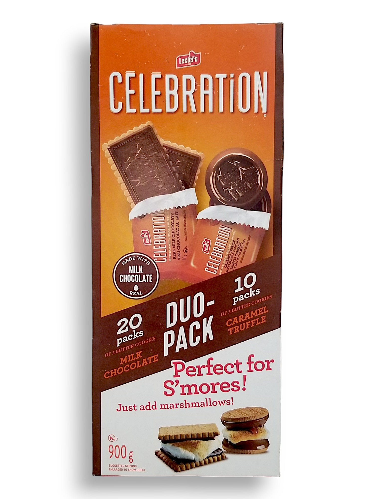 Front of Leclerc Celebration Duo-Pack, Milk Chocolate & Caramel Truffle Milk Chocolate Butter Cookies, 30x2 Packs, 900g/2 lbs. Box