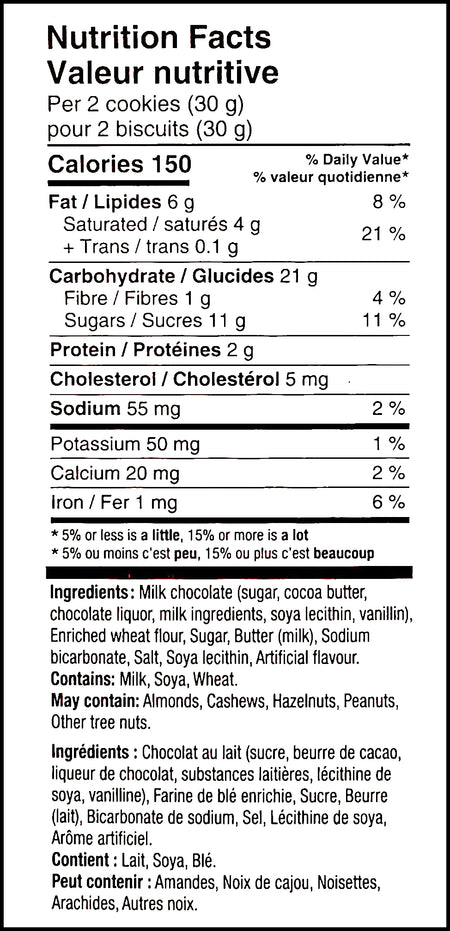 Nutrition facts & ingredients label of Leclerc Celebration Duo-Pack, Milk Chocolate Butter Cookies, 30x2 Packs, 900g/2 lbs. Box