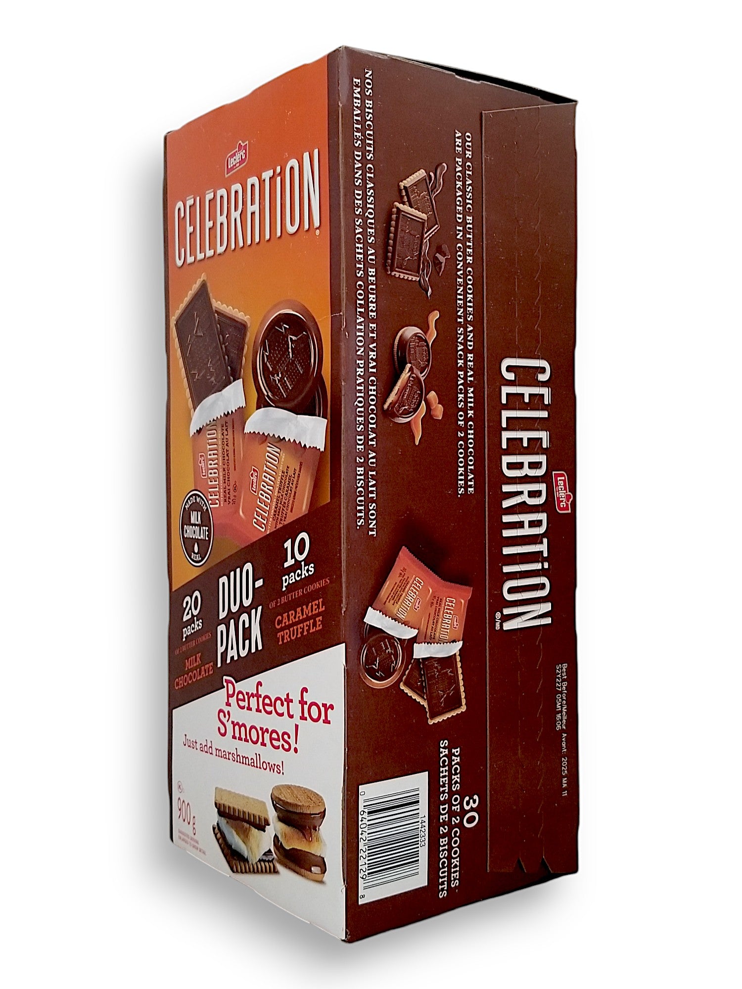 Side of Leclerc Celebration Duo-Pack, Milk Chocolate & Caramel Truffle Milk Chocolate Butter Cookies, 30x2 Packs, 900g/2 lbs. Box