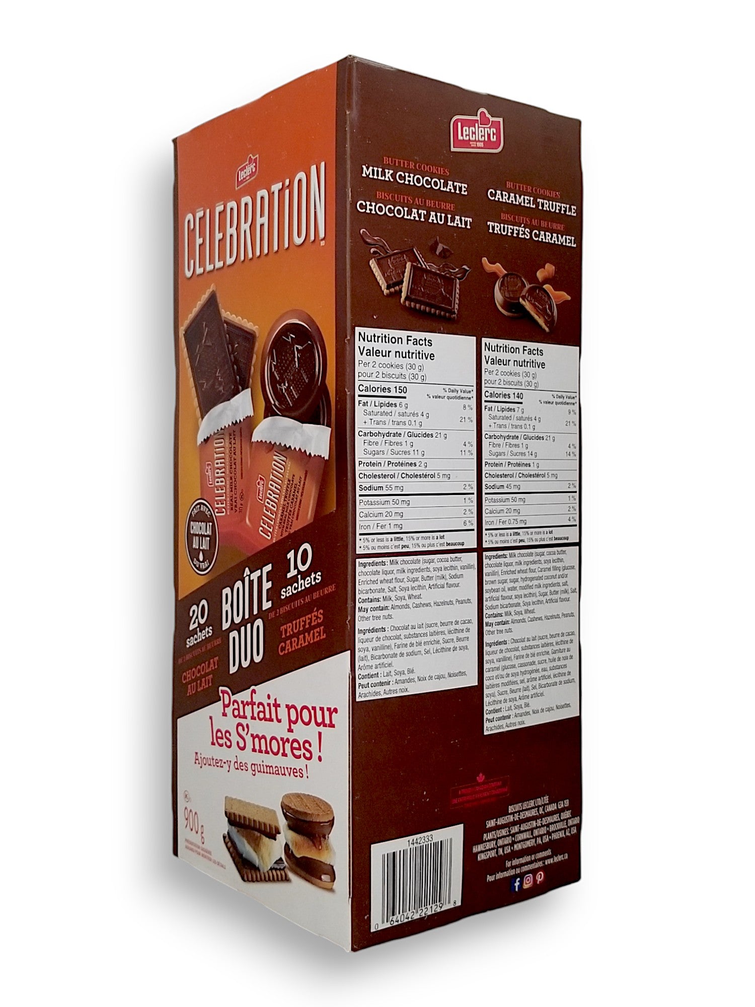 Side of Leclerc Celebration Duo-Pack, Milk Chocolate & Caramel Truffle Milk Chocolate Butter Cookies, 30x2 Packs, 900g/2 lbs. Box