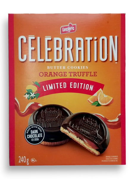 Leclerc Celebration Orange Truffle Butter Cookies, 240g/8.5 oz., front of box.