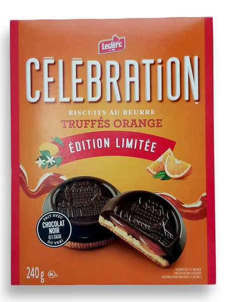 Leclerc Celebration Orange Truffle Butter Cookies, 240g/8.5 oz., back of box.