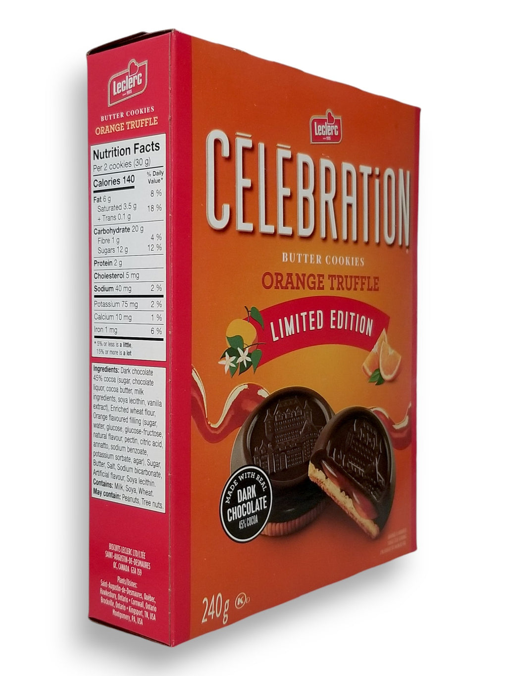 Leclerc Celebration Orange Truffle Butter Cookies, 240g/8.5 oz., side of box.