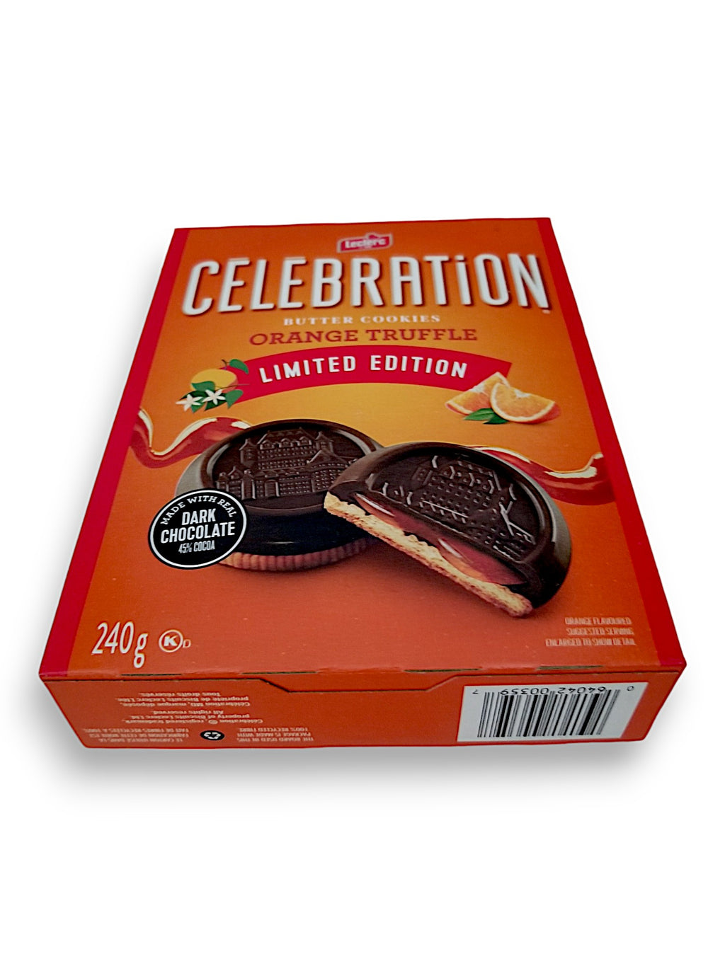 Leclerc Celebration Orange Truffle Butter Cookies, 240g/8.5 oz., bottom of box.