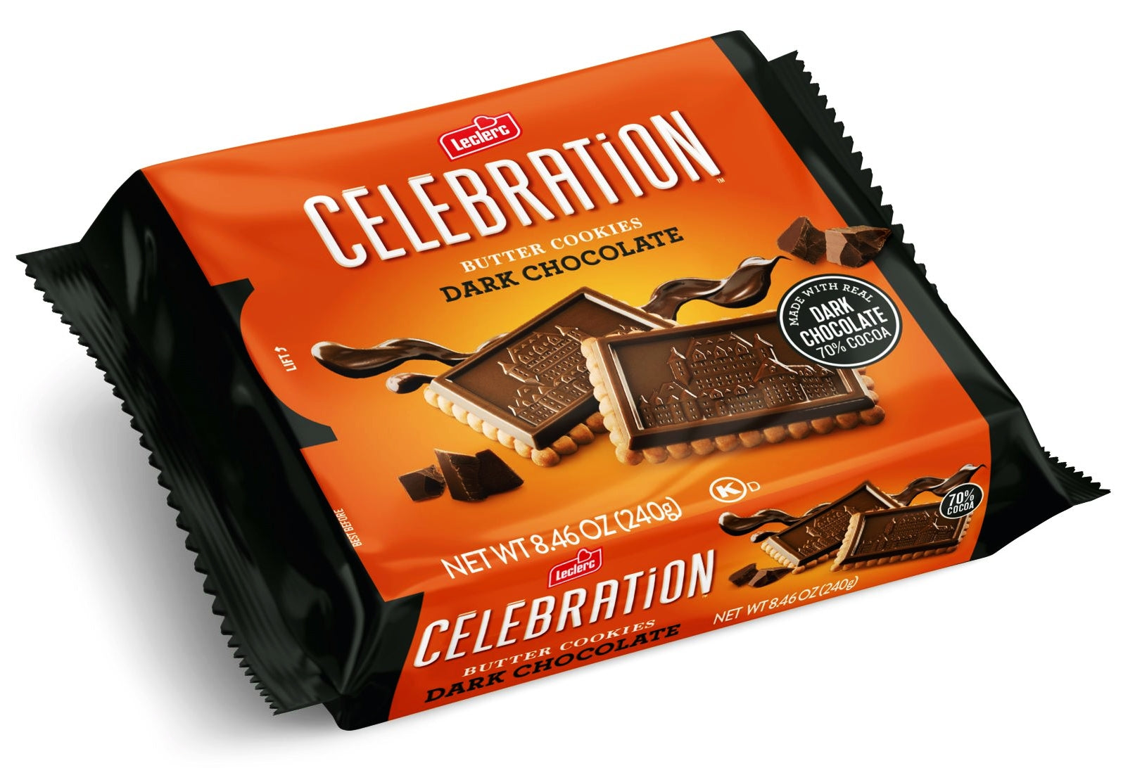 Packaged Leclerc Celebration Dark Chocolate 70% Cocoa Butter Cookies with orange and black design on a white background