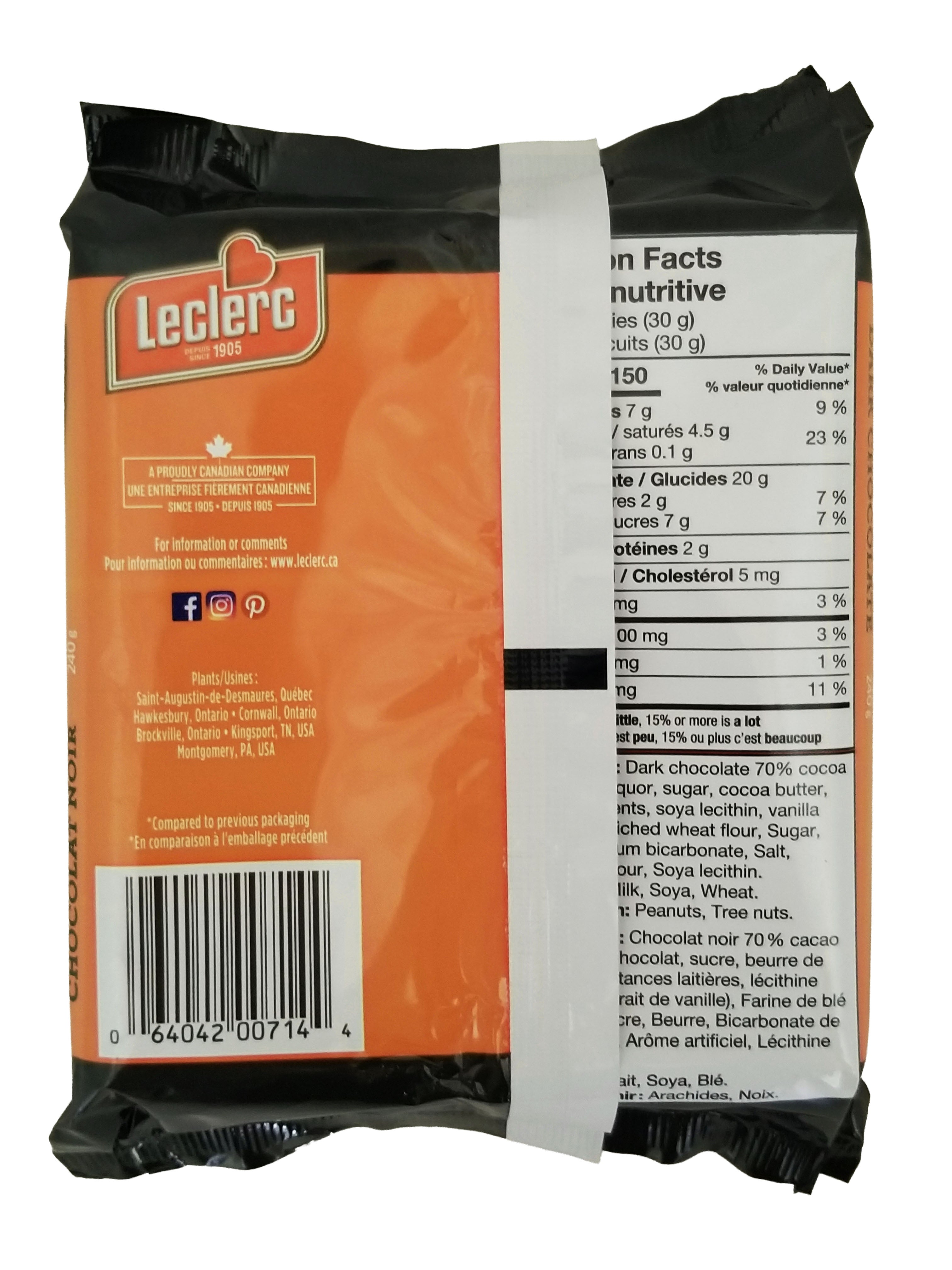 Back of Leclerc Celebration Dark Chocolate 70% Cocoa Butter Cookies, 240g/8.5 oz with nutrition facts and branding.