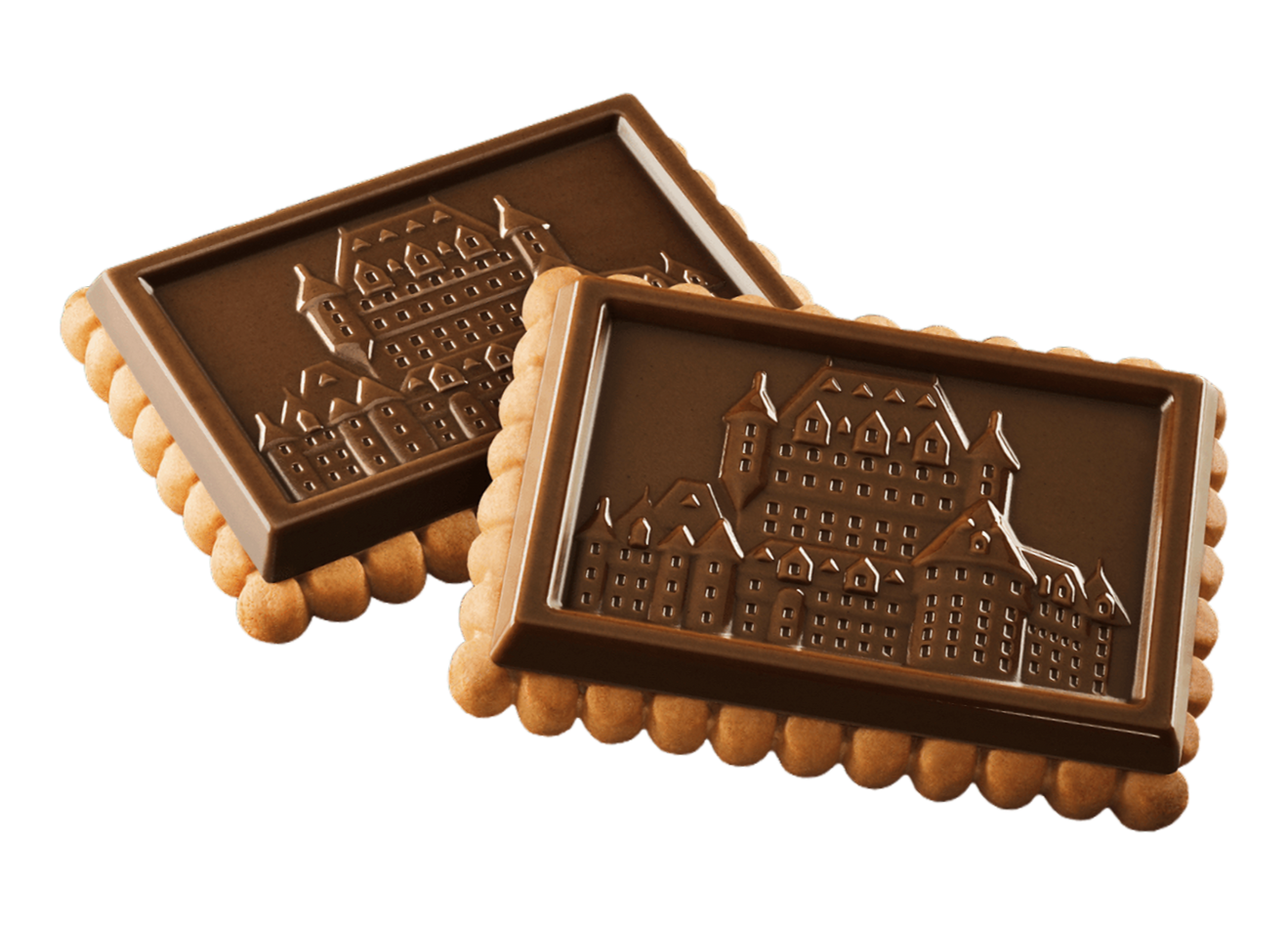 Leclerc Celebration Dark Chocolate 70% Cocoa Butter Cookies, 240g/8.5 oz - Two chocolate-covered cookies with a castle design on a white background