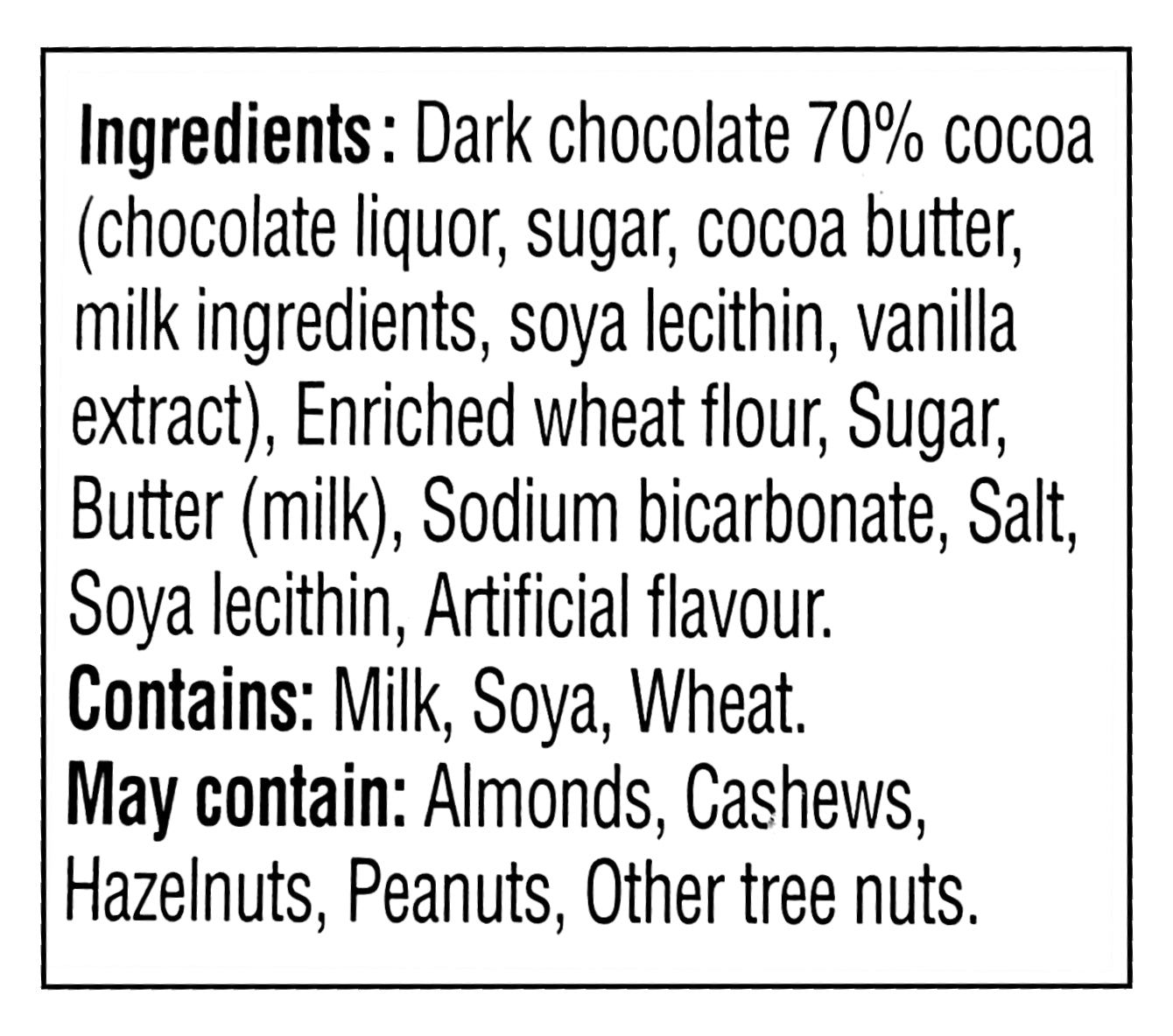 Ingredients list for Leclerc Celebration Dark Chocolate 70% Cocoa Butter Cookies, 240g/8.5 oz on a white background