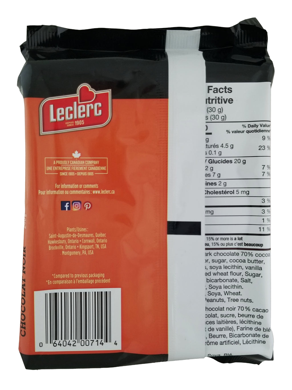 Back of a Leclerc Celebration Dark Chocolate 70% Cocoa Butter Cookies packaging with nutritional facts and branding.