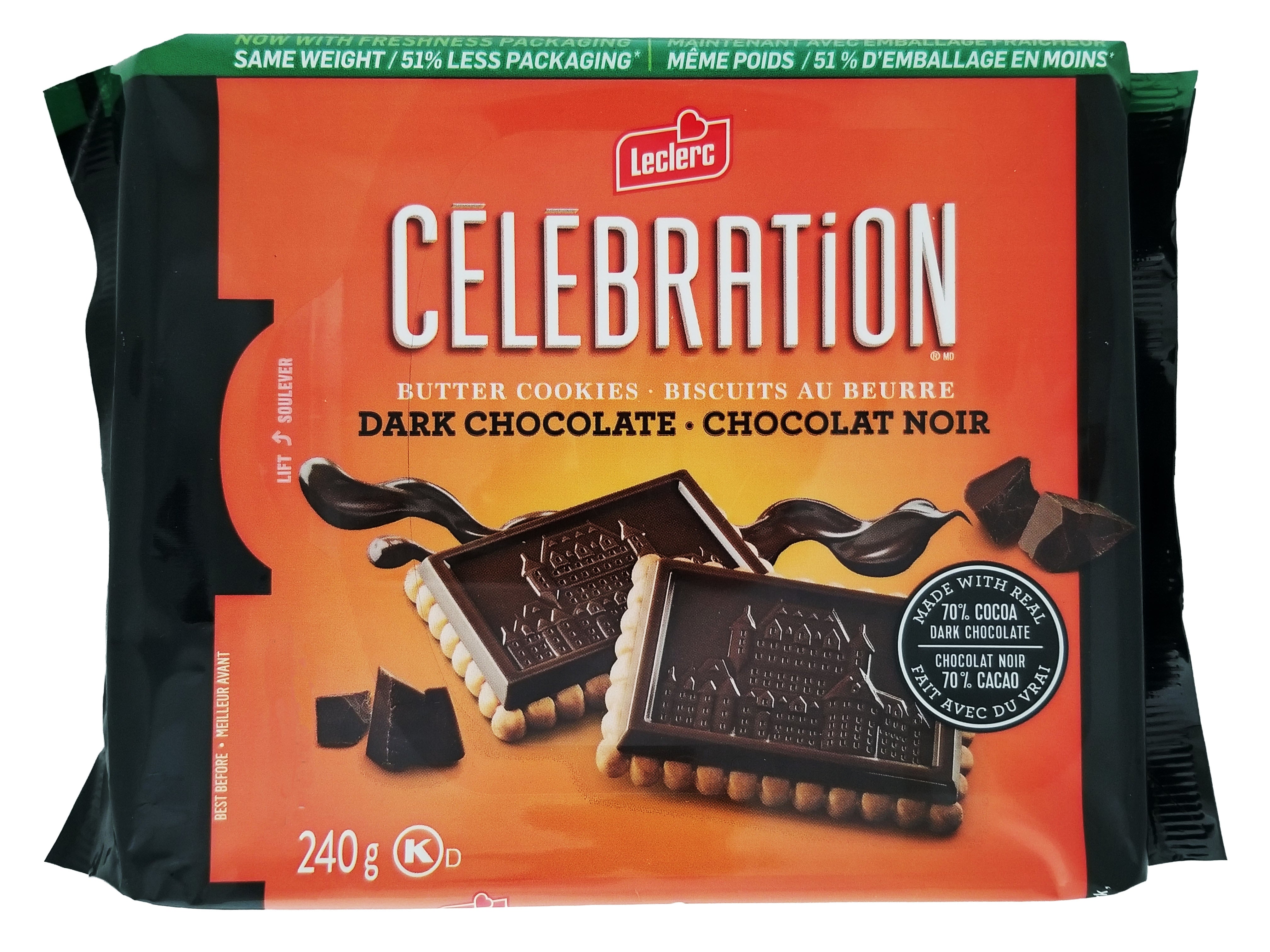 Leclerc Celebration Dark Chocolate Butter Cookies packaging on a white background