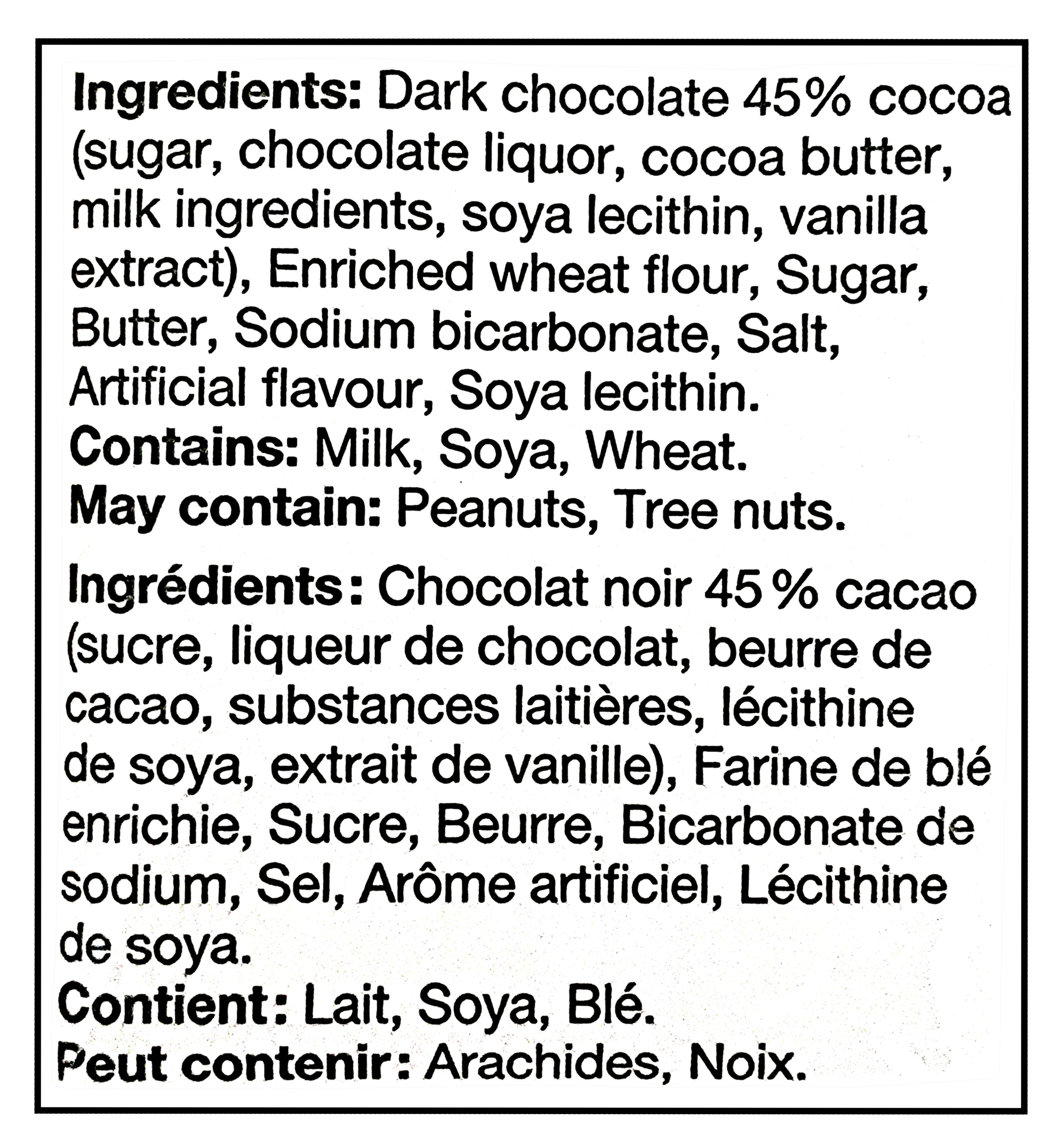 Ingredients list for Leclerc Celebration 45% Dark Chocolate Butter Cookies on a black background